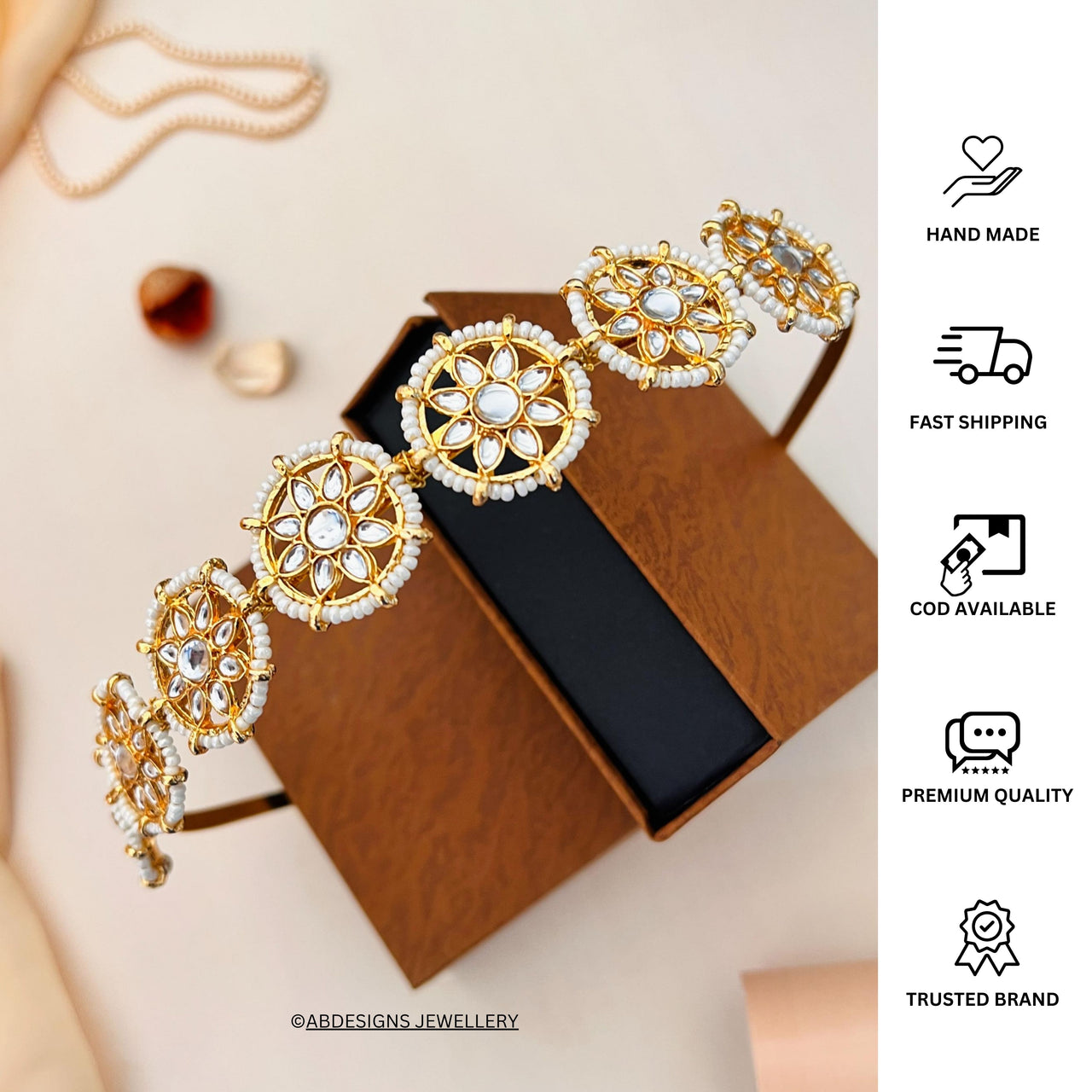 Elegant Gold Plated Kundan Mathapatti Sheesh Phool Hairband - Abdesignsjewellery