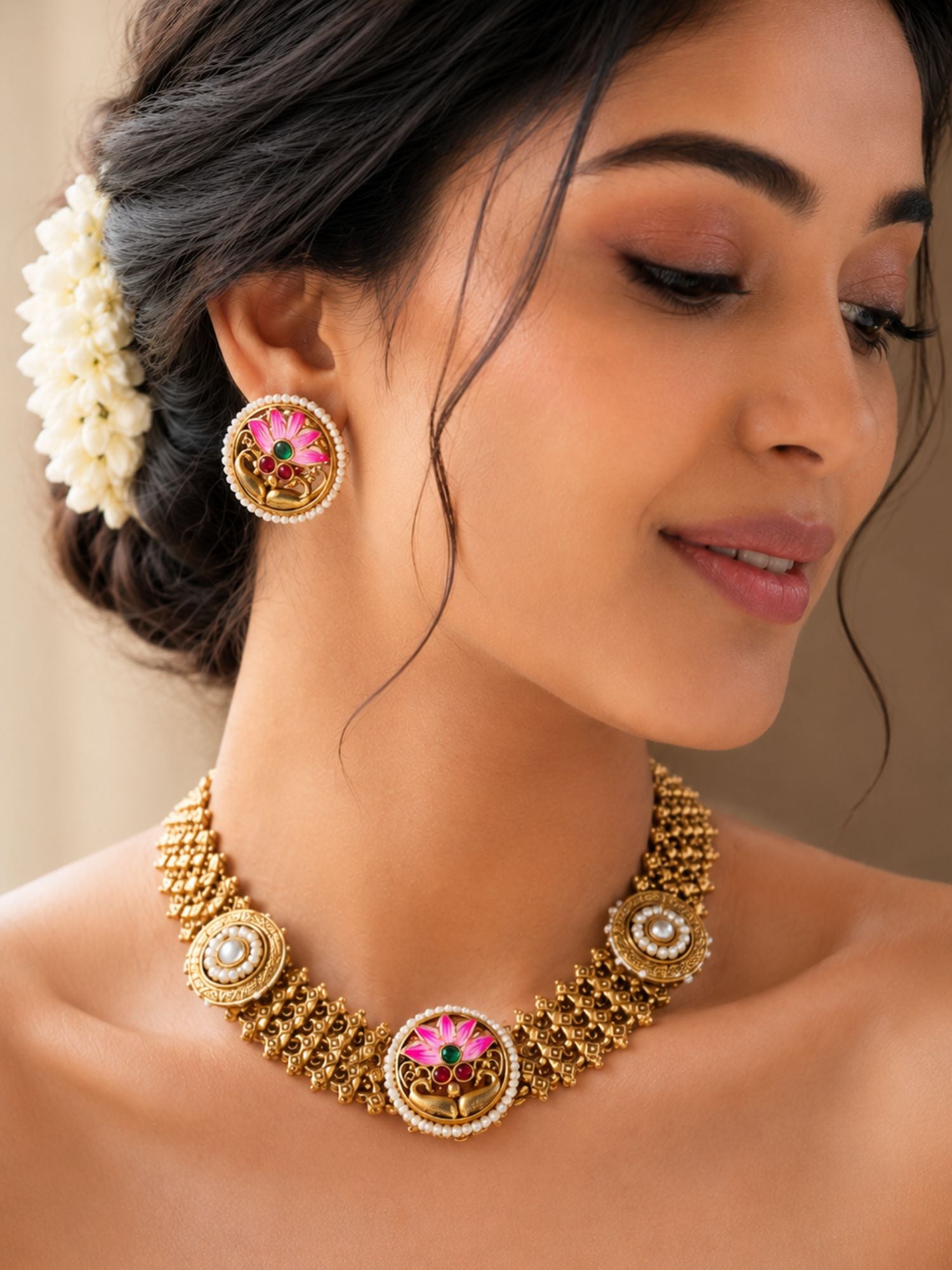 Abdesigns Jewellery Pink Floral Meenakari Antique Gold Plated Necklace Set