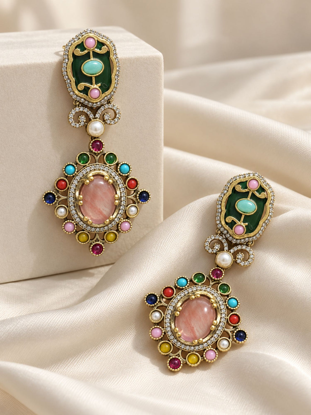 Victorian Oxidsed Gold Drop Earrings in Multicolor Stones – Festive | Abdesigns