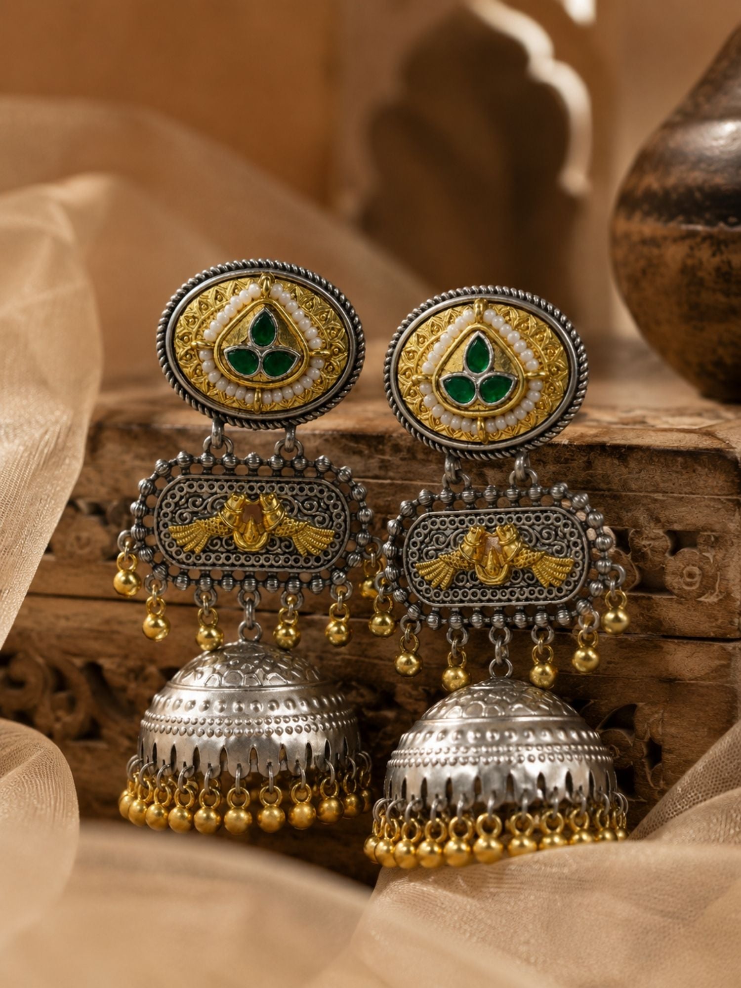 Set of 2 DualTone Multicolor Meenakari German Silver Jhumka Earrings Combo for Women