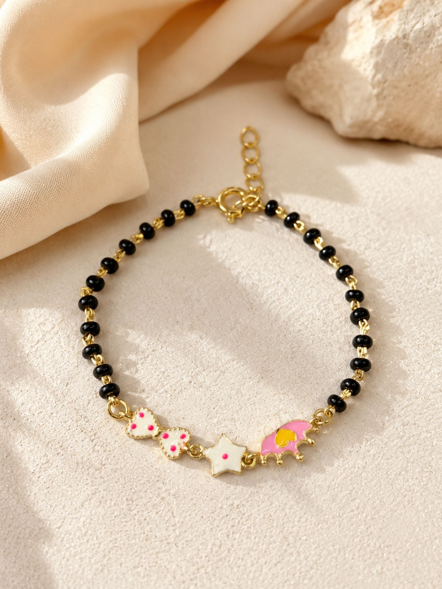 925 Sterling Silver Gold Plated Kids Black Bead Bracelet with Enamel Charms
