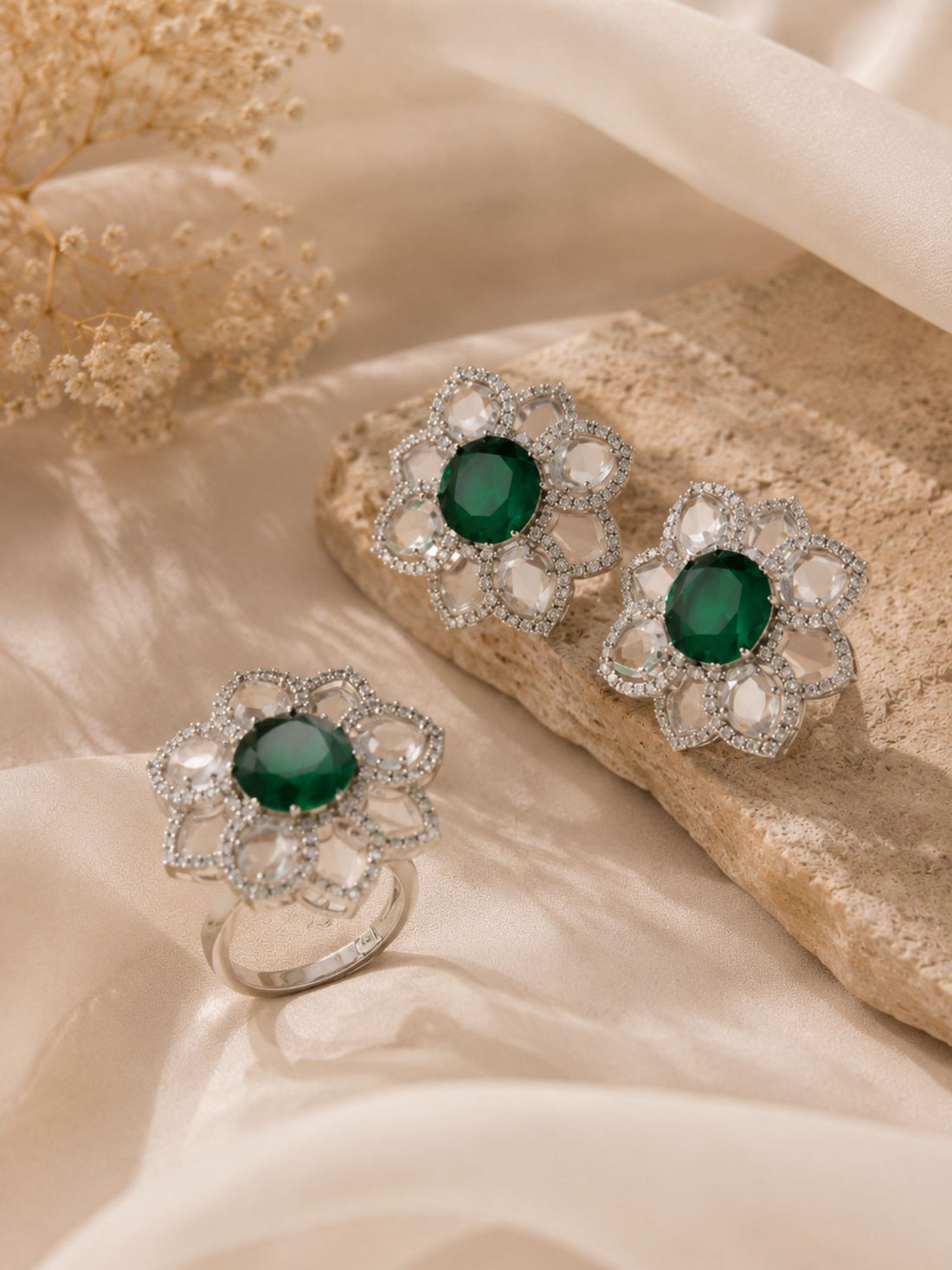 Emerald Green Floral Ring & Earrings Set | Abdesigns Jewellery
