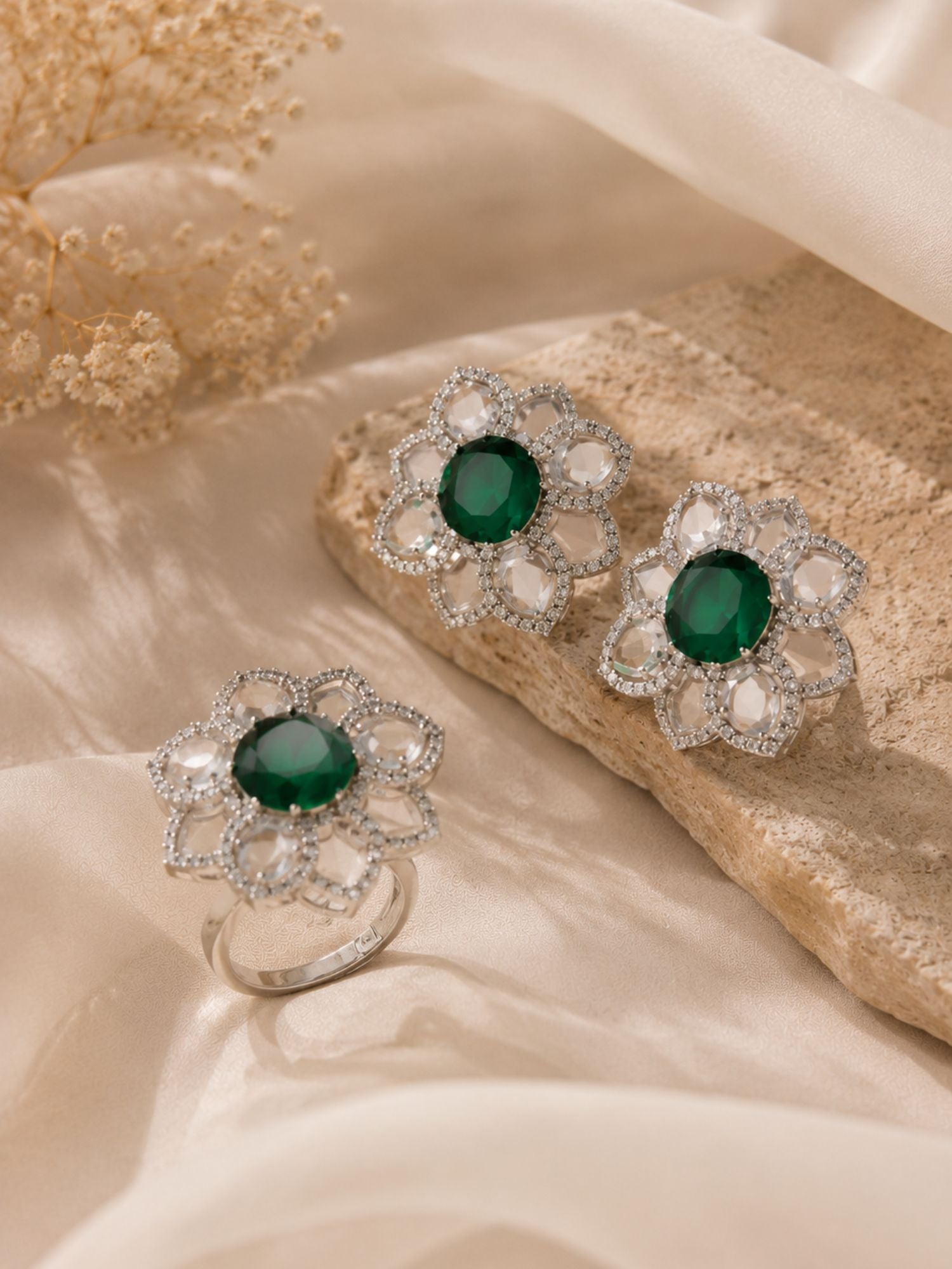 Emerald Green Floral Ring & Earrings Set | Abdesigns Jewellery