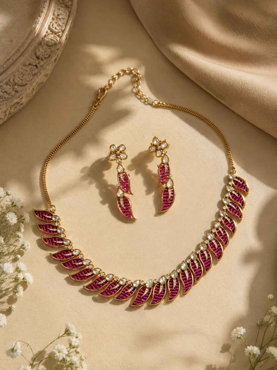 Victorian Gold Plated Pink Leaf Necklace Set with Earrings | Abdesigns