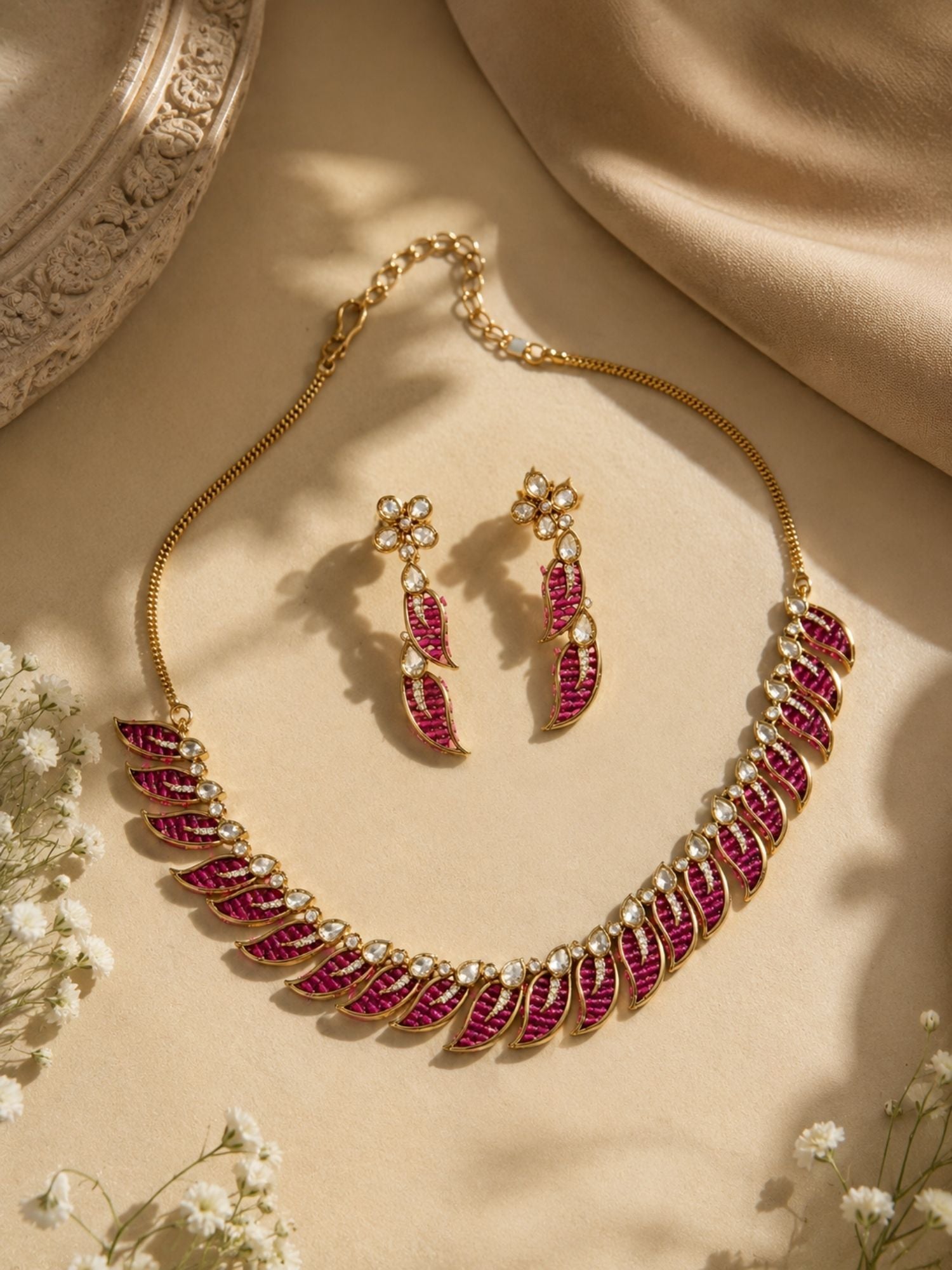 Victorian Gold Plated Pink Leaf Necklace Set with Earrings | Abdesigns
