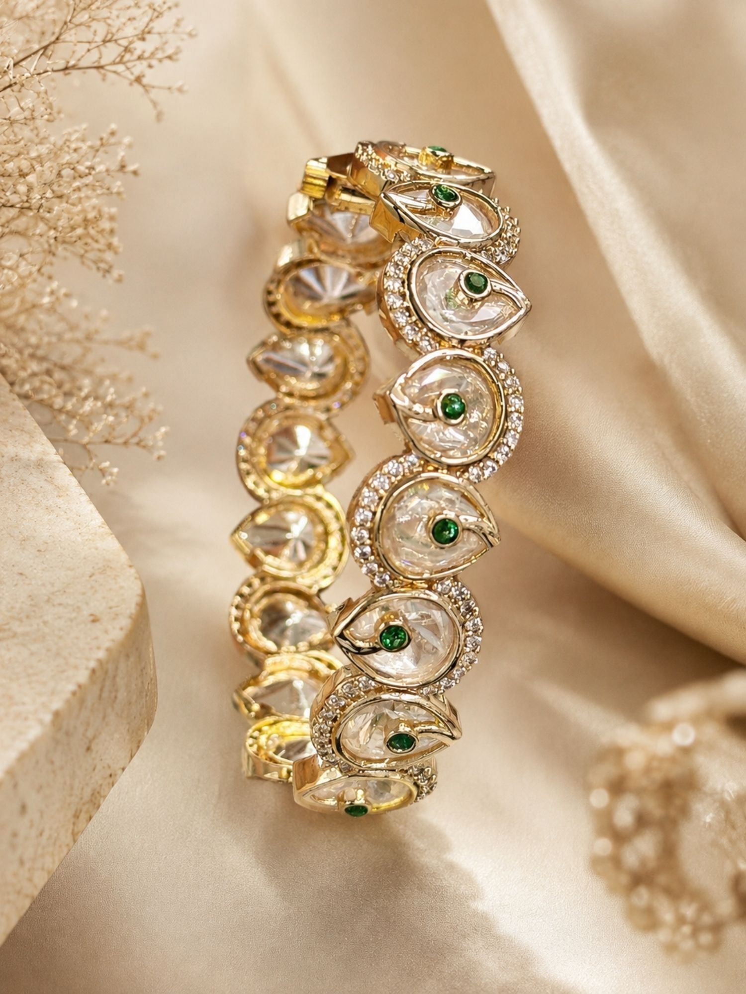 Gold Plated Green Stone Kundan Paisley Bangles for Women