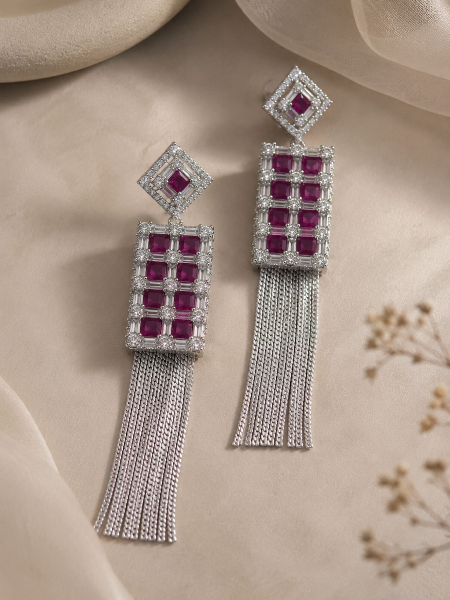 Ruby CZ Tassel Earrings in Silver Finish – Party Wear - earrings by Abdesigns Jewellery