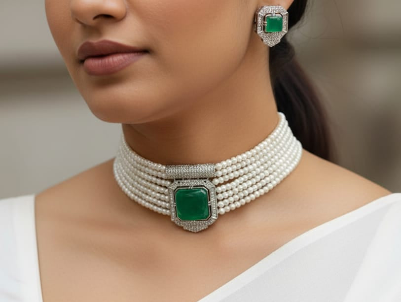 Abdesigns Silver Plated Pearl Choker Necklace Set