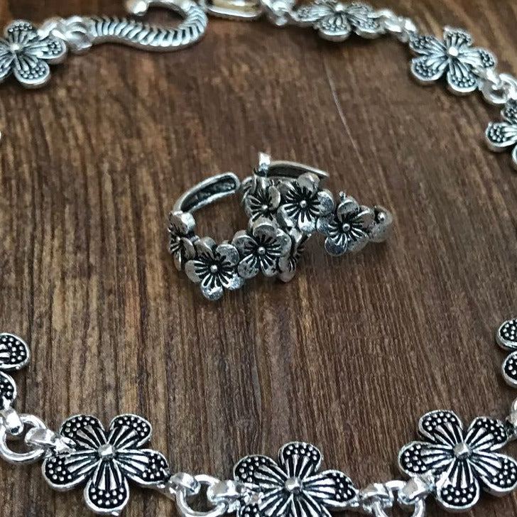 Awesome Flower Pattern Anklet Toe Rings Combo - Abdesignsjewellery