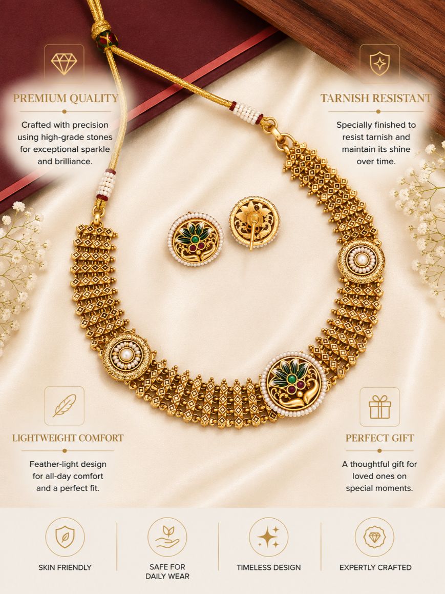 Stunning Antique Gold Plated Necklace Set with intricate design and matching earrings