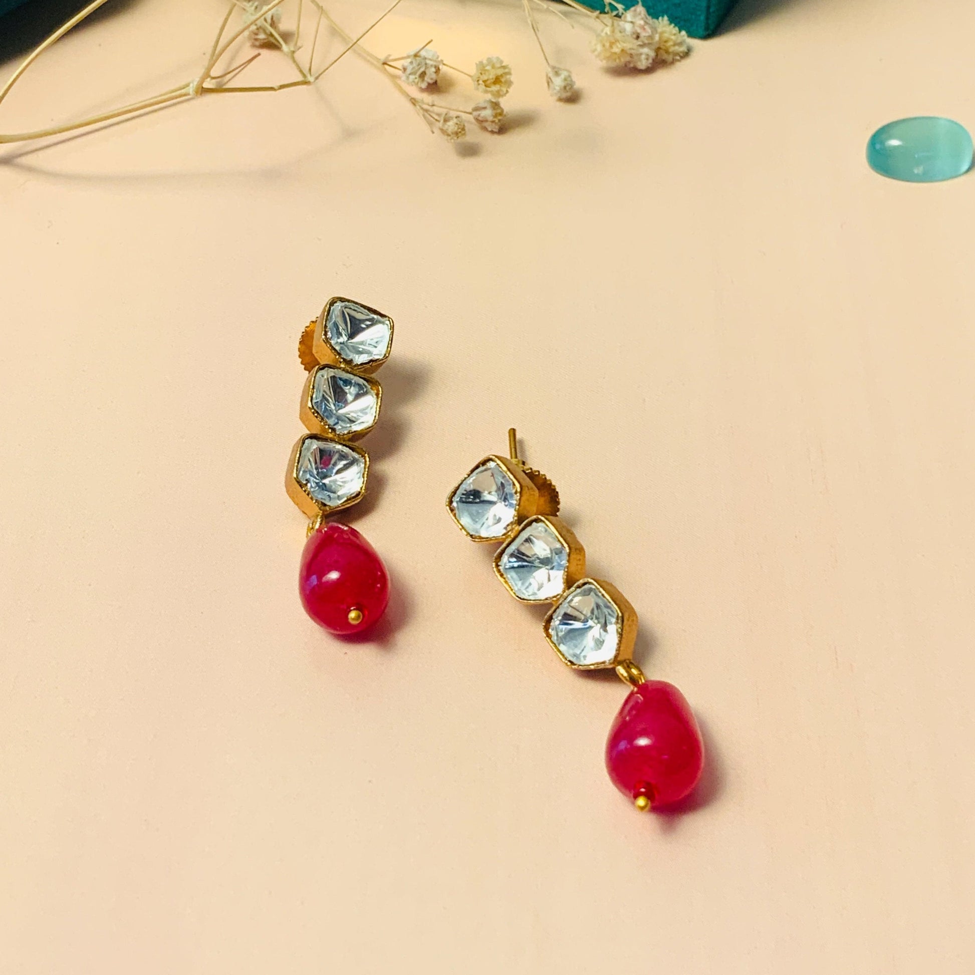 Stunning Triple Glass Polki Stud Earring - Abdesignsjewellery