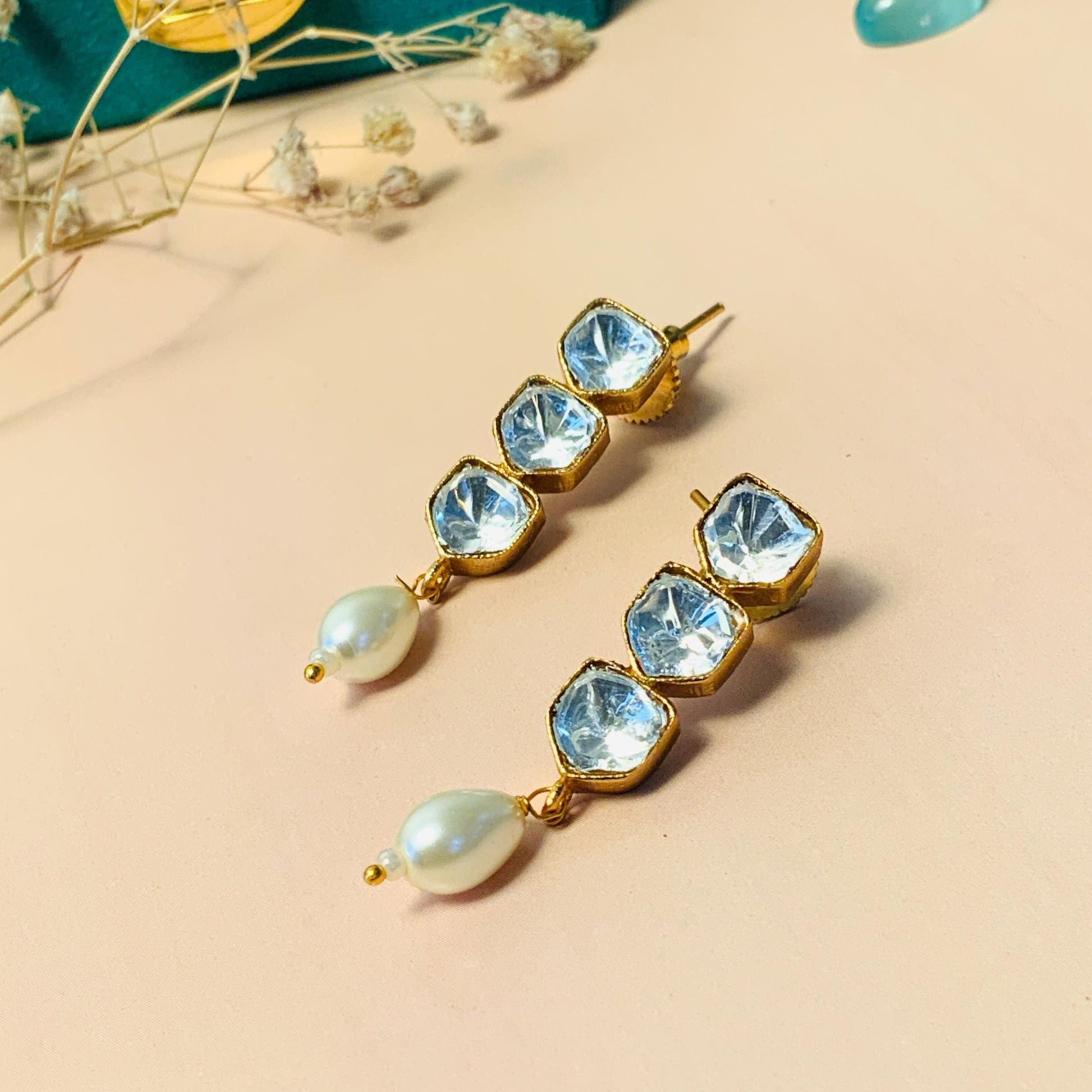Stunning Triple Glass Polki Stud Earring - Abdesignsjewellery