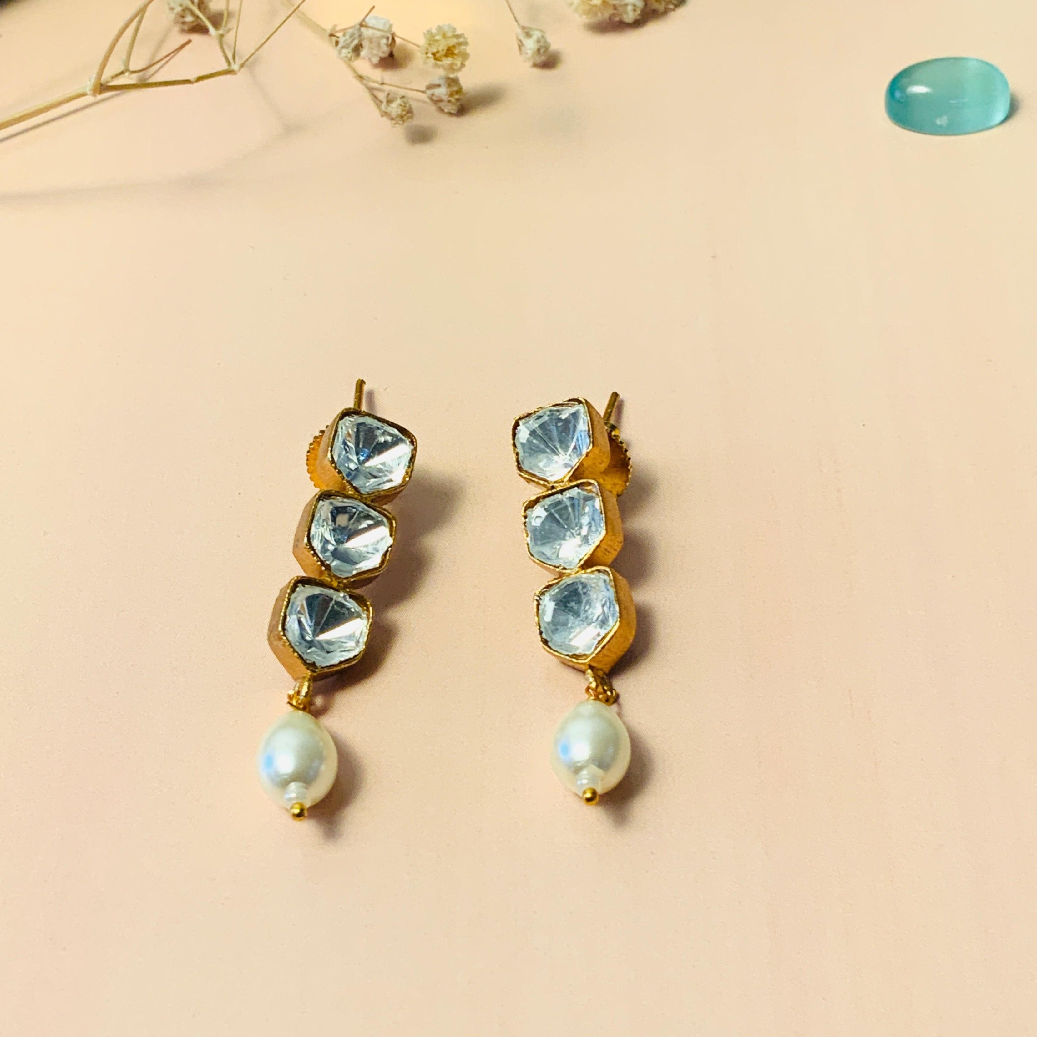 Stunning Triple Glass Polki Stud Earring - Abdesignsjewellery