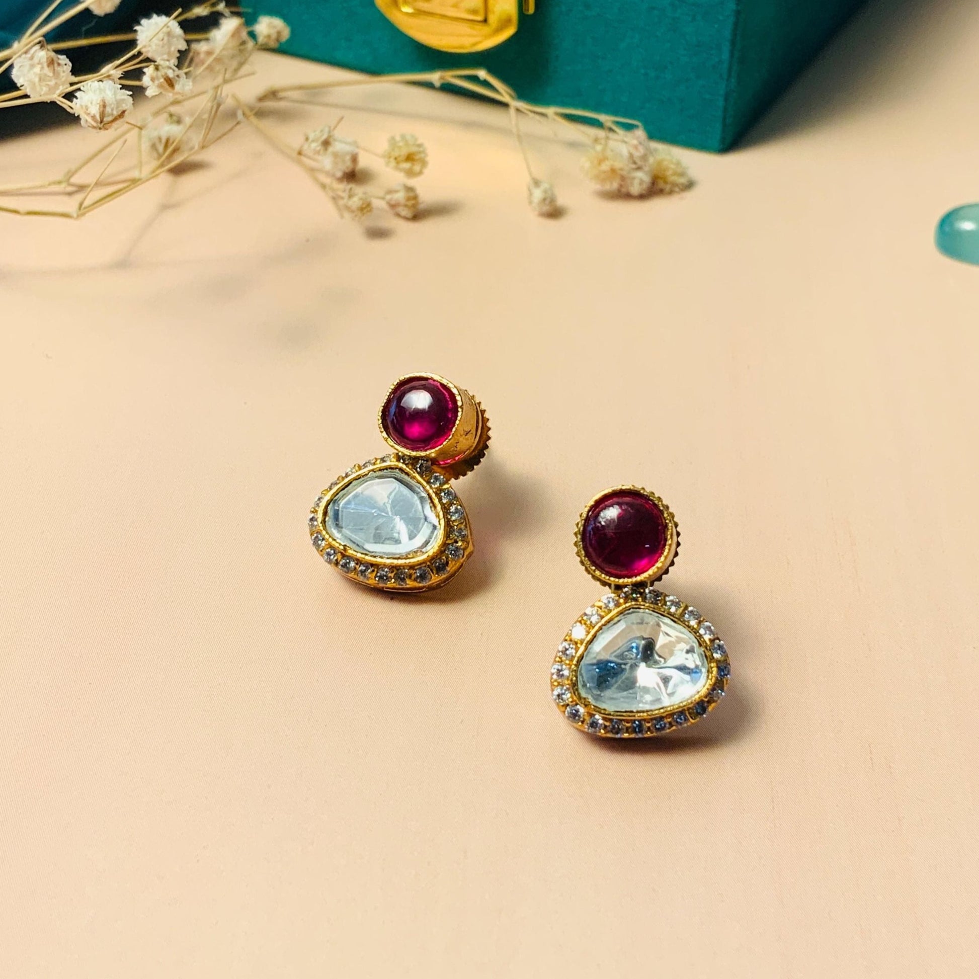Graceful Glass Polki Kundan Diamond Studs - Abdesignsjewellery