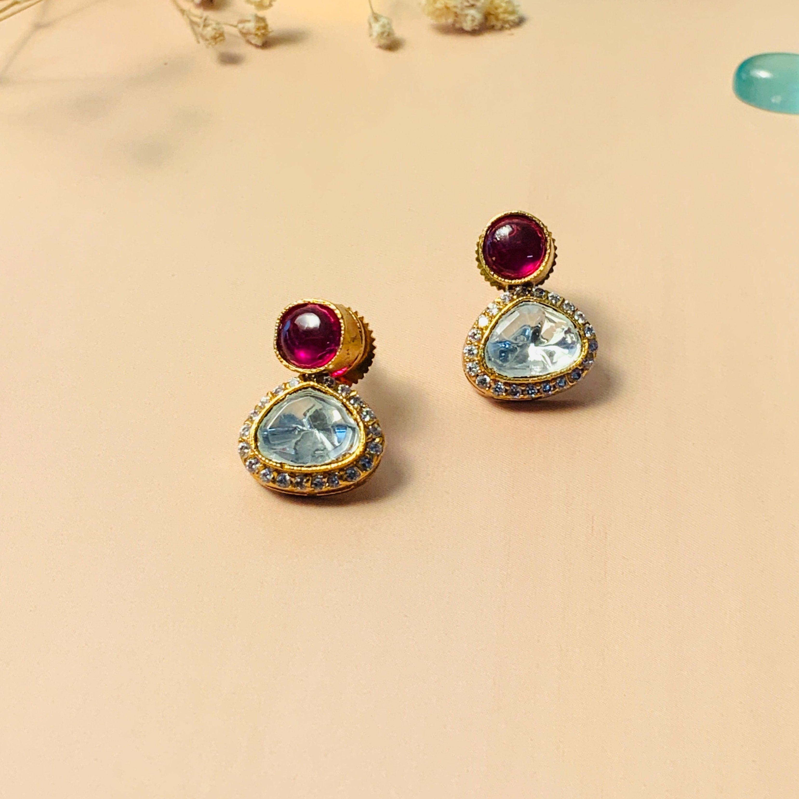 Graceful Glass Polki Kundan Diamond Studs - Abdesignsjewellery
