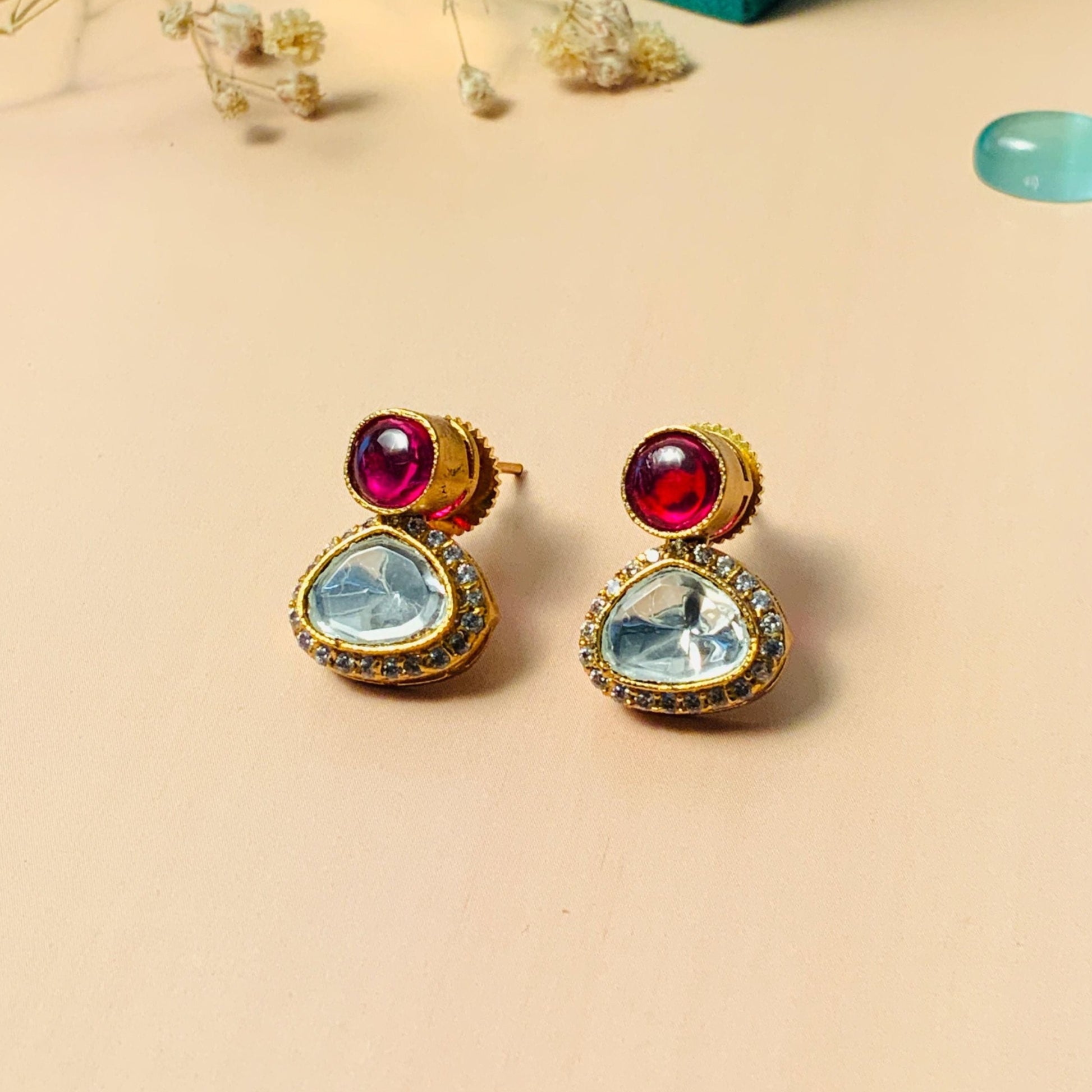 Graceful Glass Polki Kundan Diamond Studs - Abdesignsjewellery