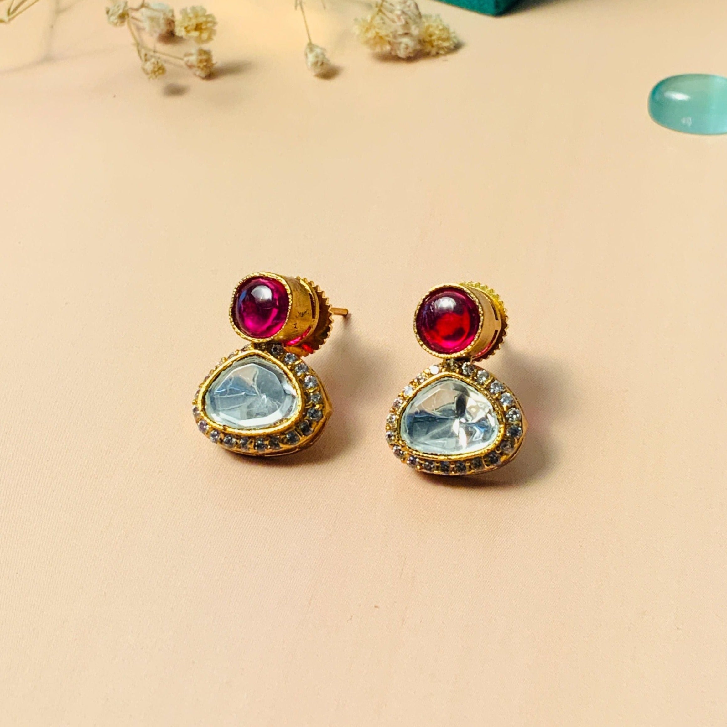Graceful Glass Polki Kundan Diamond Studs - Abdesignsjewellery
