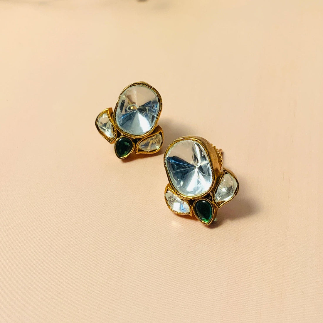 Minimal Gold Plated Glass Kundan Polki Studs - Abdesignsjewellery