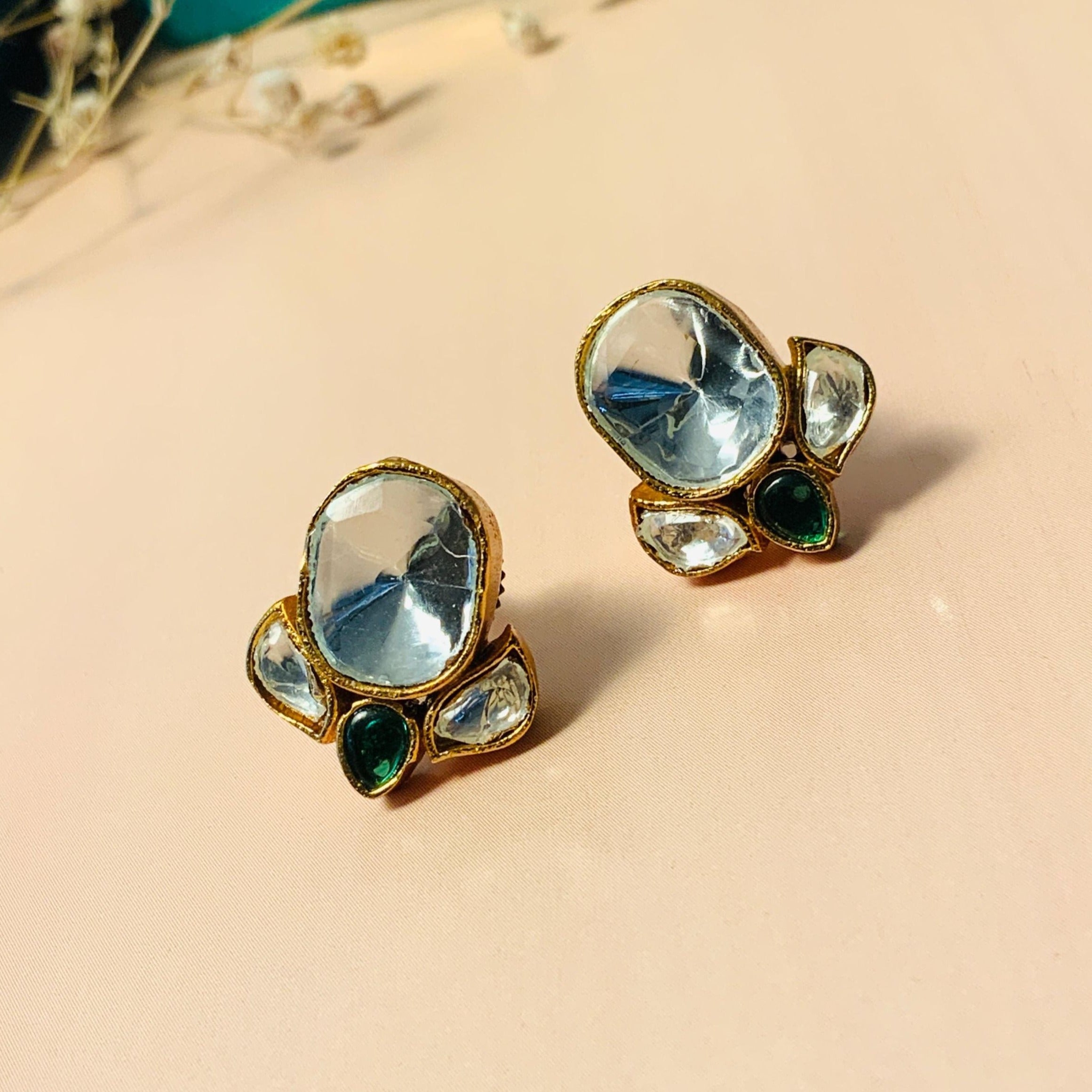 Minimal Gold Plated Glass Kundan Polki Studs - Abdesignsjewellery