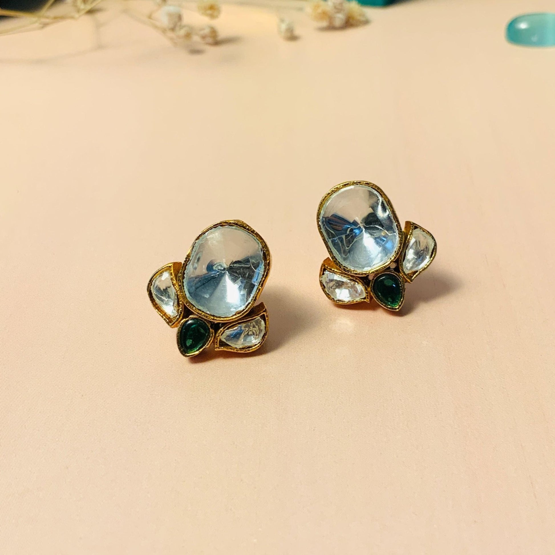 Minimal Gold Plated Glass Kundan Polki Studs - Abdesignsjewellery