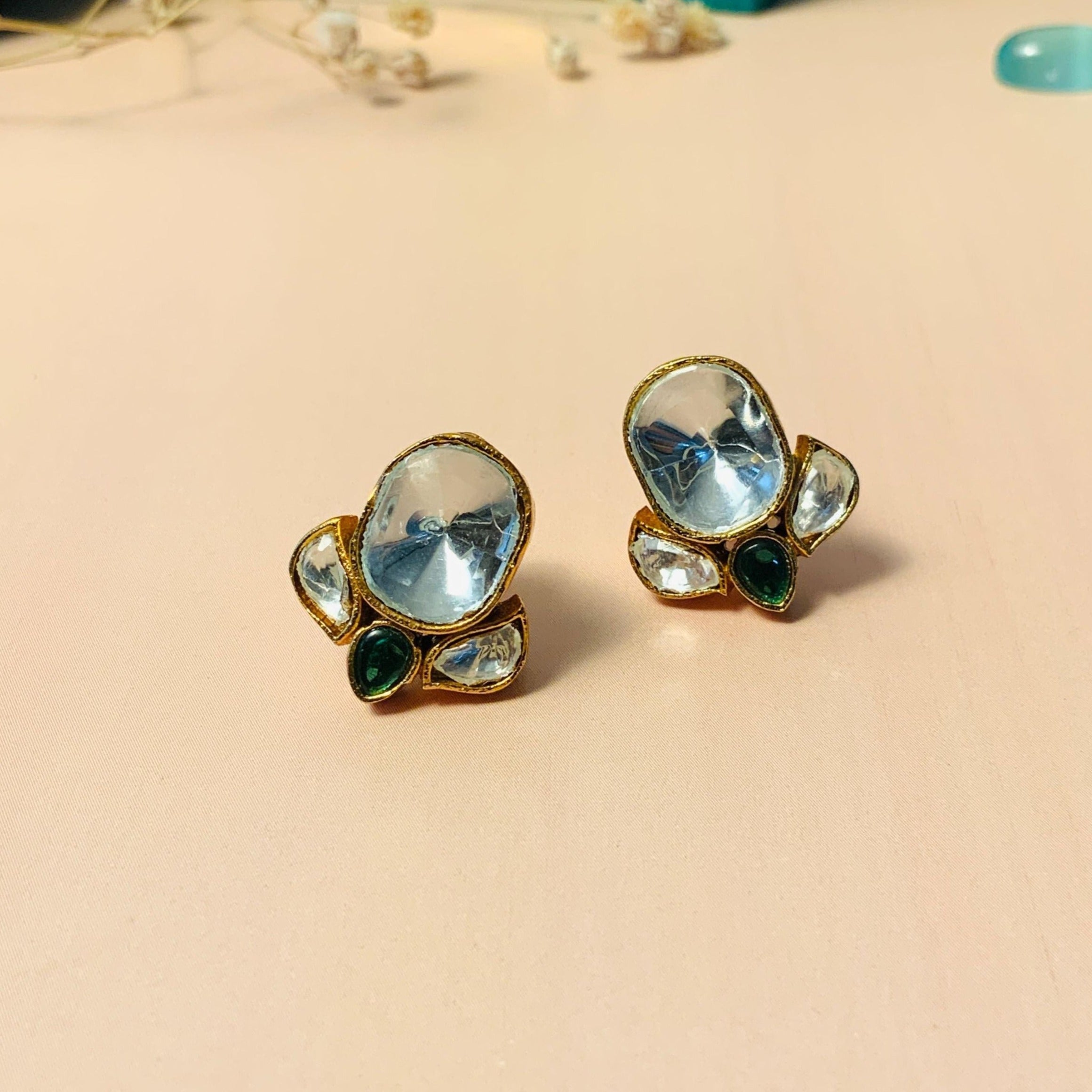 Minimal Gold Plated Glass Kundan Polki Studs - Abdesignsjewellery