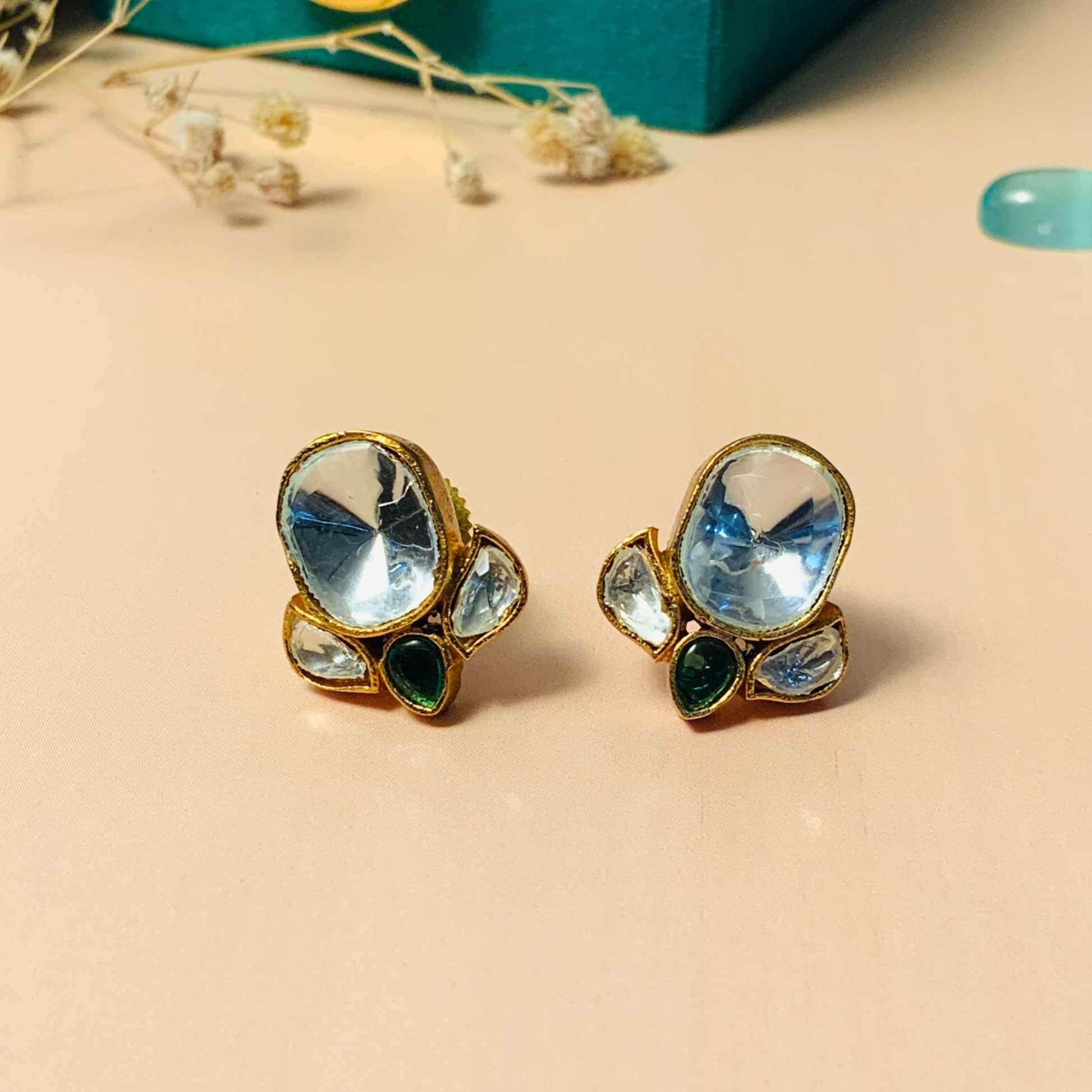 Minimal Gold Plated Glass Kundan Polki Studs - Abdesignsjewellery