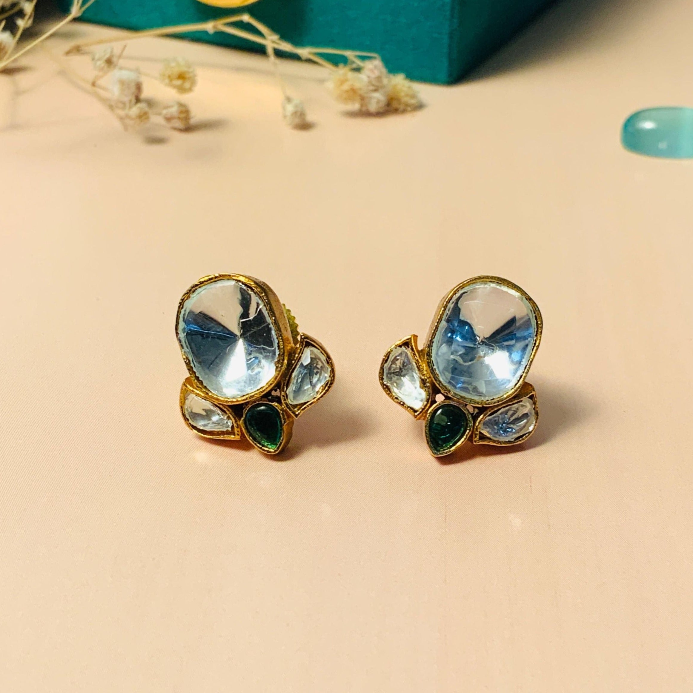 Minimal Gold Plated Glass Kundan Polki Studs - Abdesignsjewellery