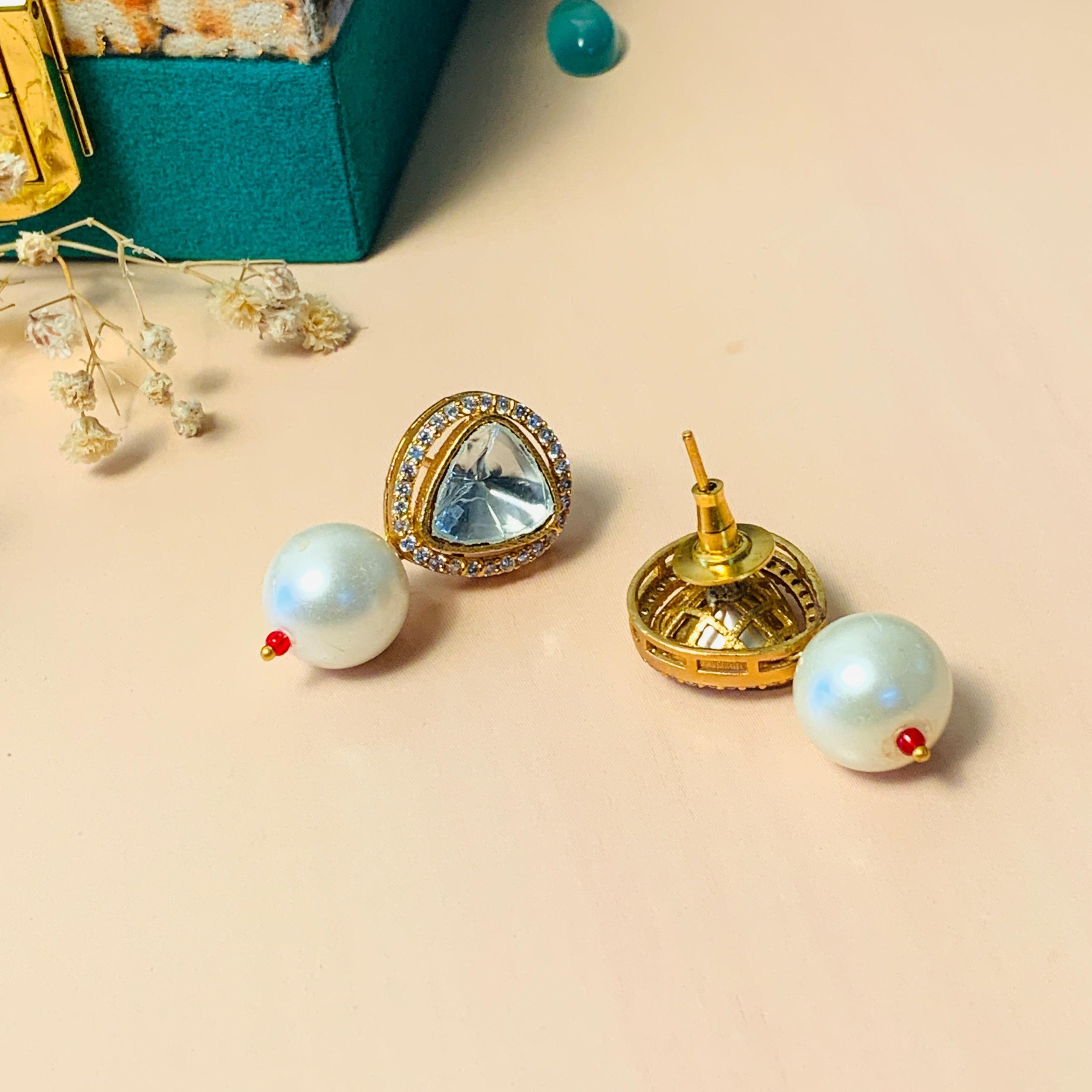 Elegant Pearl Glass Kundan Polki Studs - Abdesignsjewellery