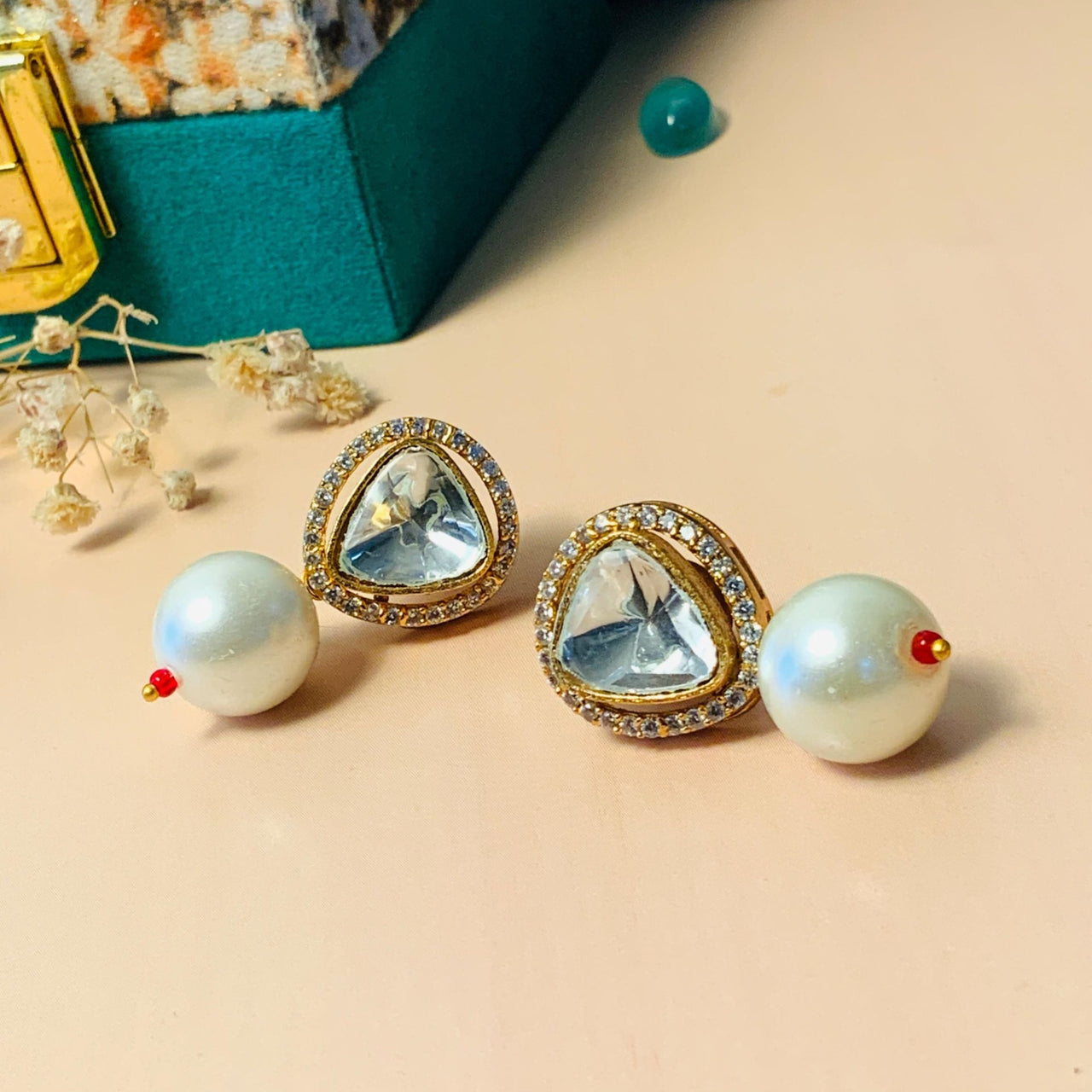 Elegant Pearl Glass Kundan Polki Studs - Abdesignsjewellery