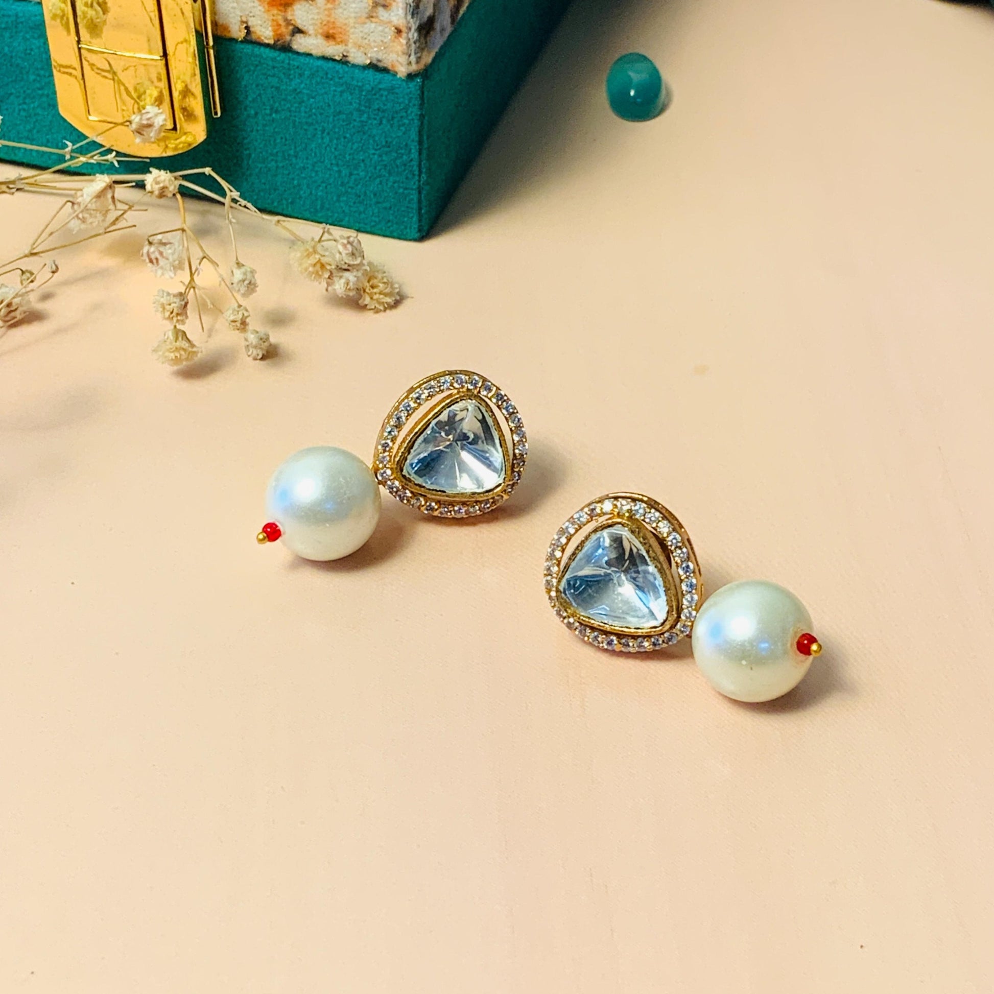 Elegant Pearl Glass Kundan Polki Studs - Abdesignsjewellery