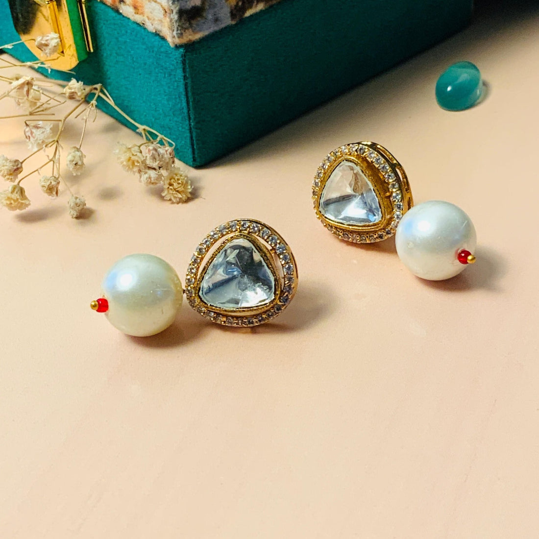 Elegant Pearl Glass Kundan Polki Studs - Abdesignsjewellery