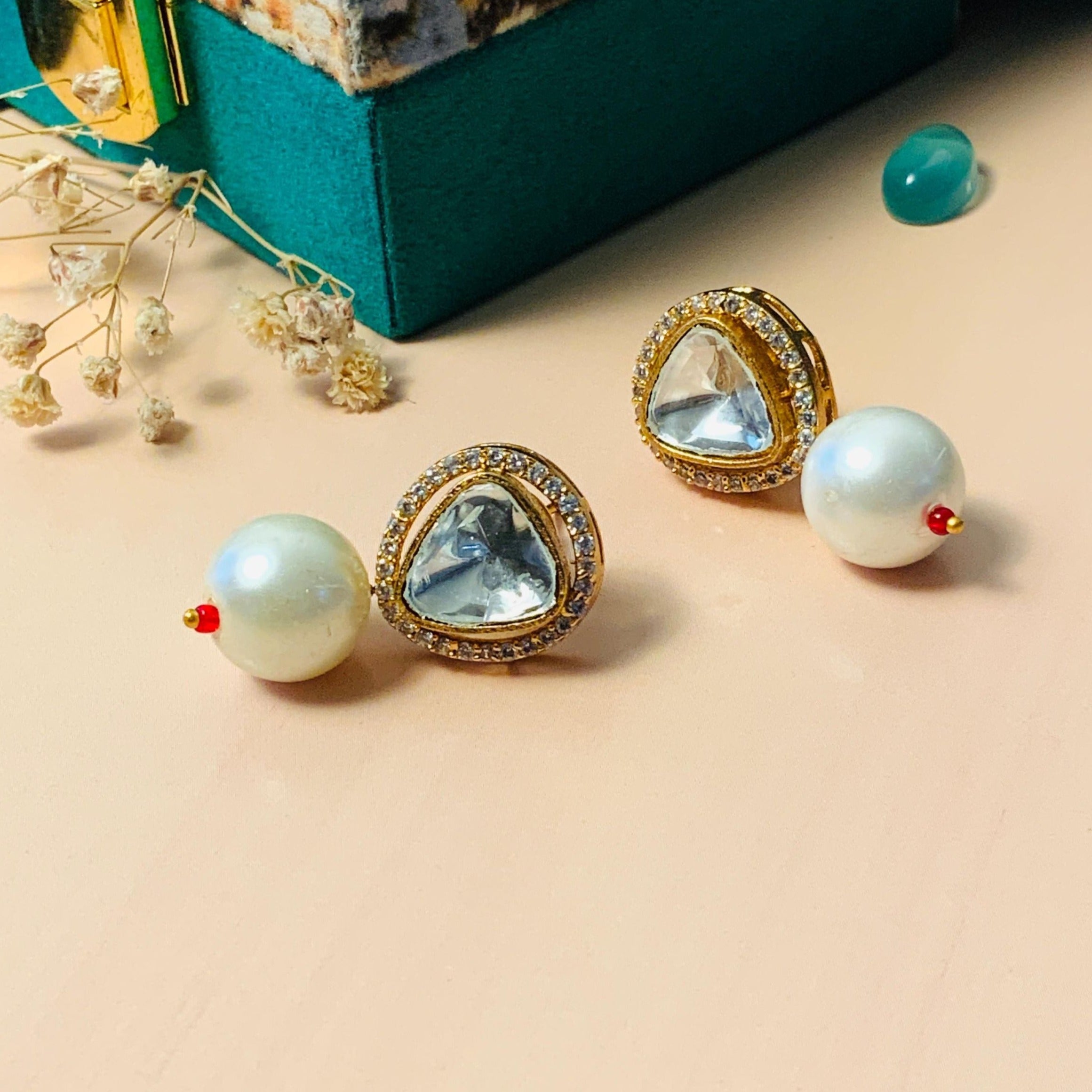 Elegant Pearl Glass Kundan Polki Studs - Abdesignsjewellery