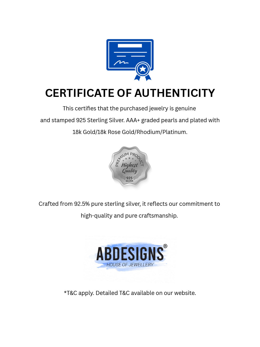 925 STERLING SILVER CERTIFICATE OF AUTHENTICITY