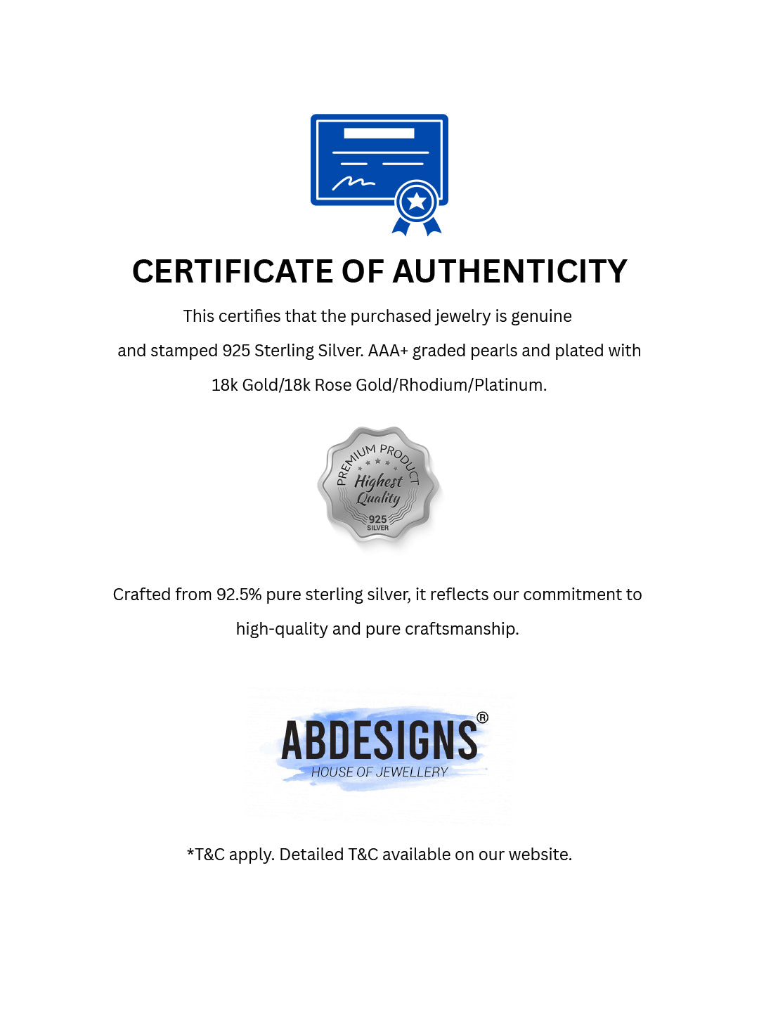 Certificate card included with Abdesigns 925 sterling silver jewellery
