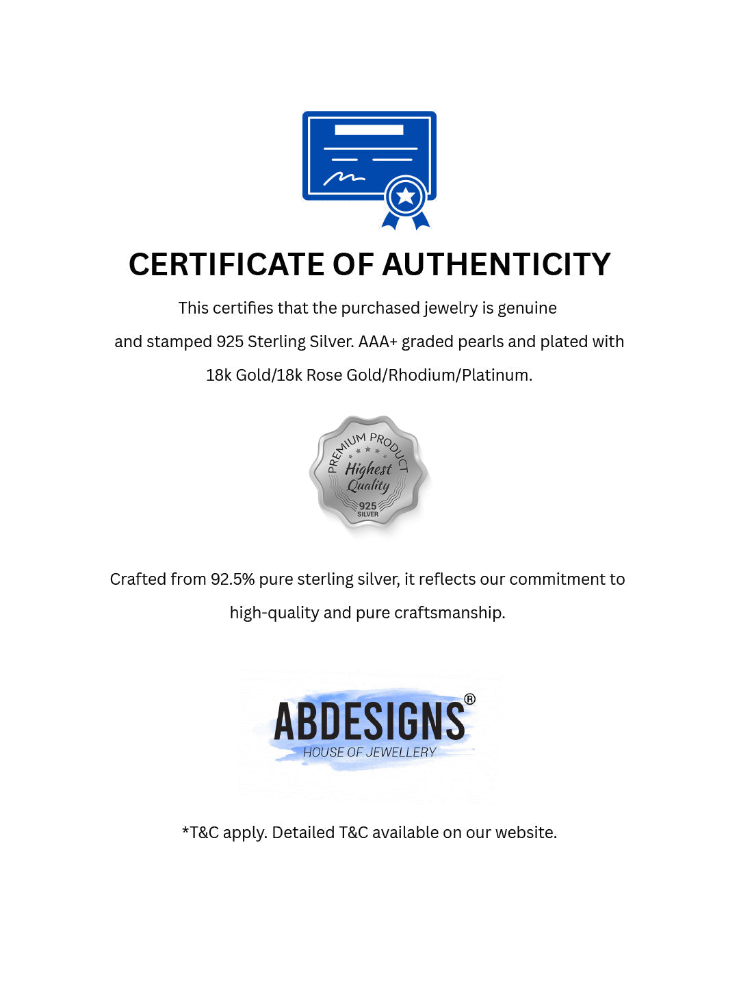 925 STERLING SILVER CERTIFICATE OF AUTHENTICITY