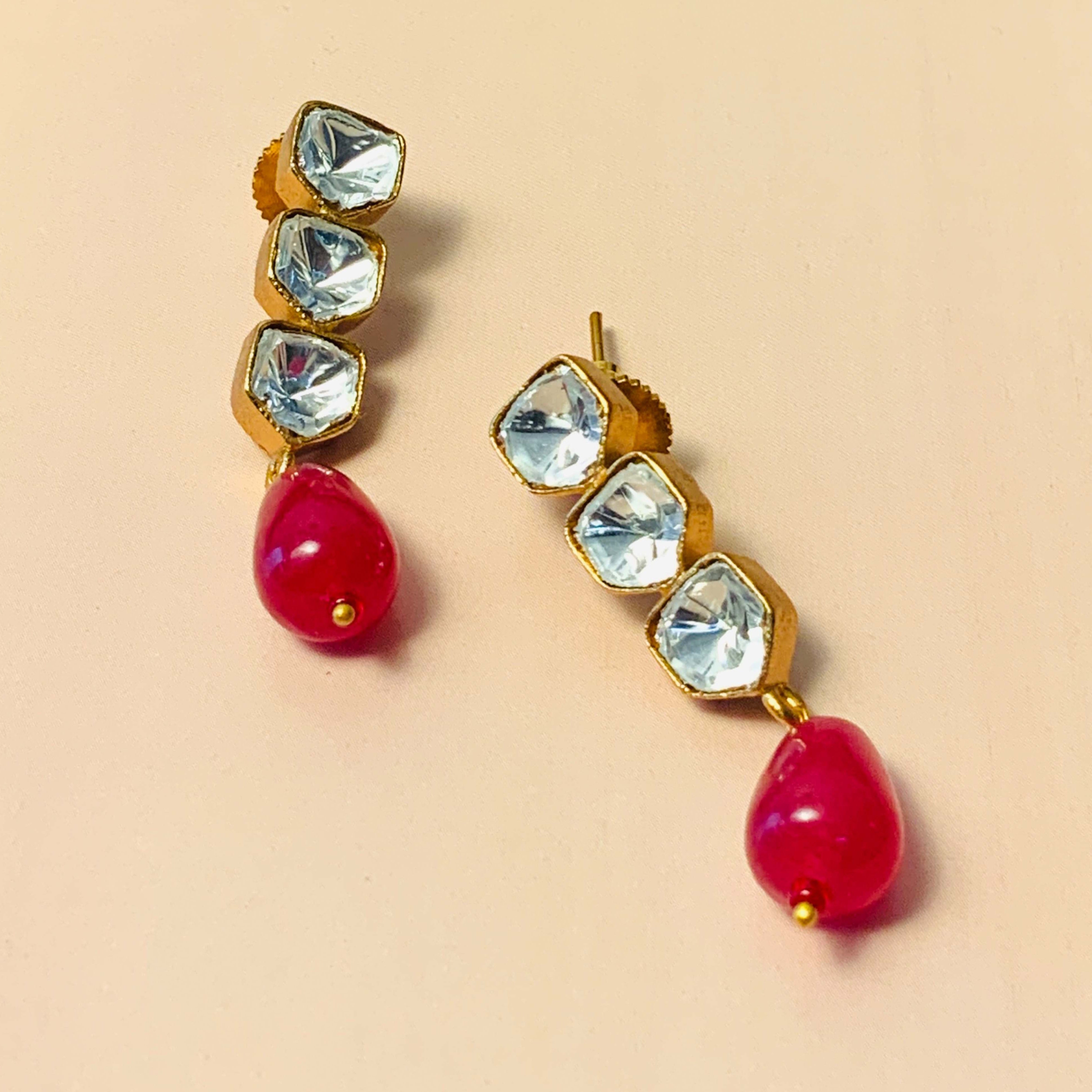 Stunning Triple Glass Polki Stud Earring - Abdesignsjewellery