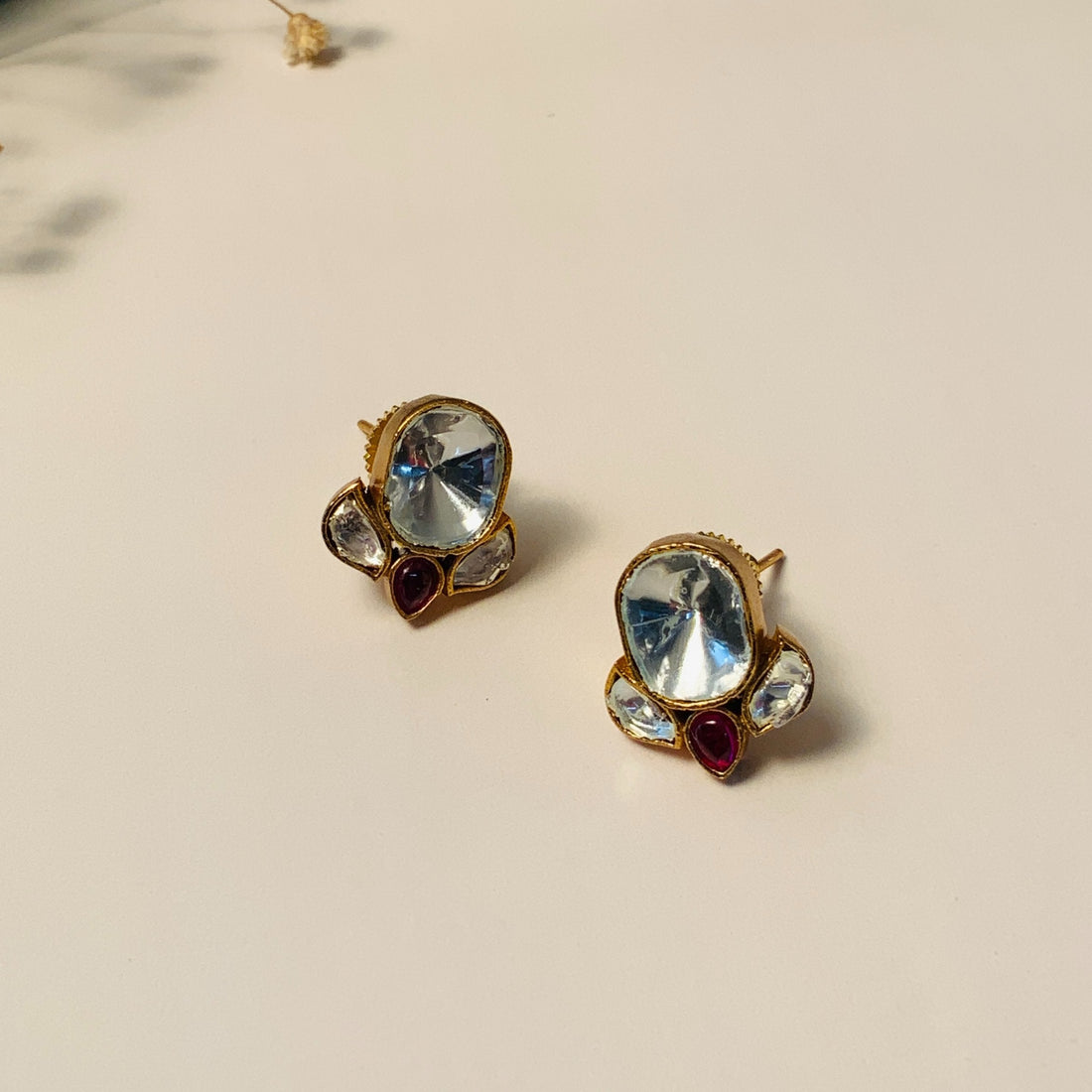 Minimal Gold Plated Glass Kundan Polki Studs - Abdesignsjewellery