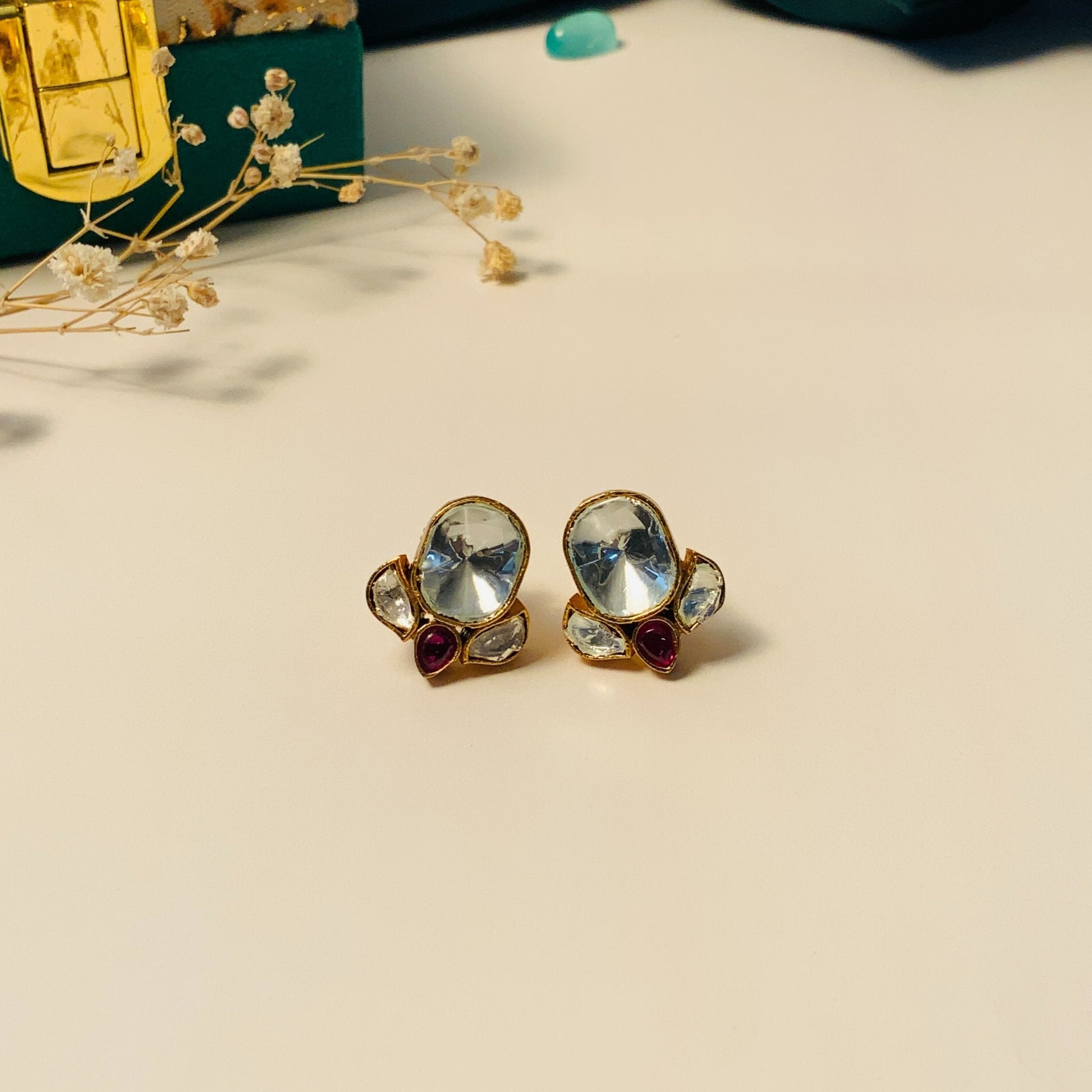 Minimal Gold Plated Glass Kundan Polki Studs - Abdesignsjewellery