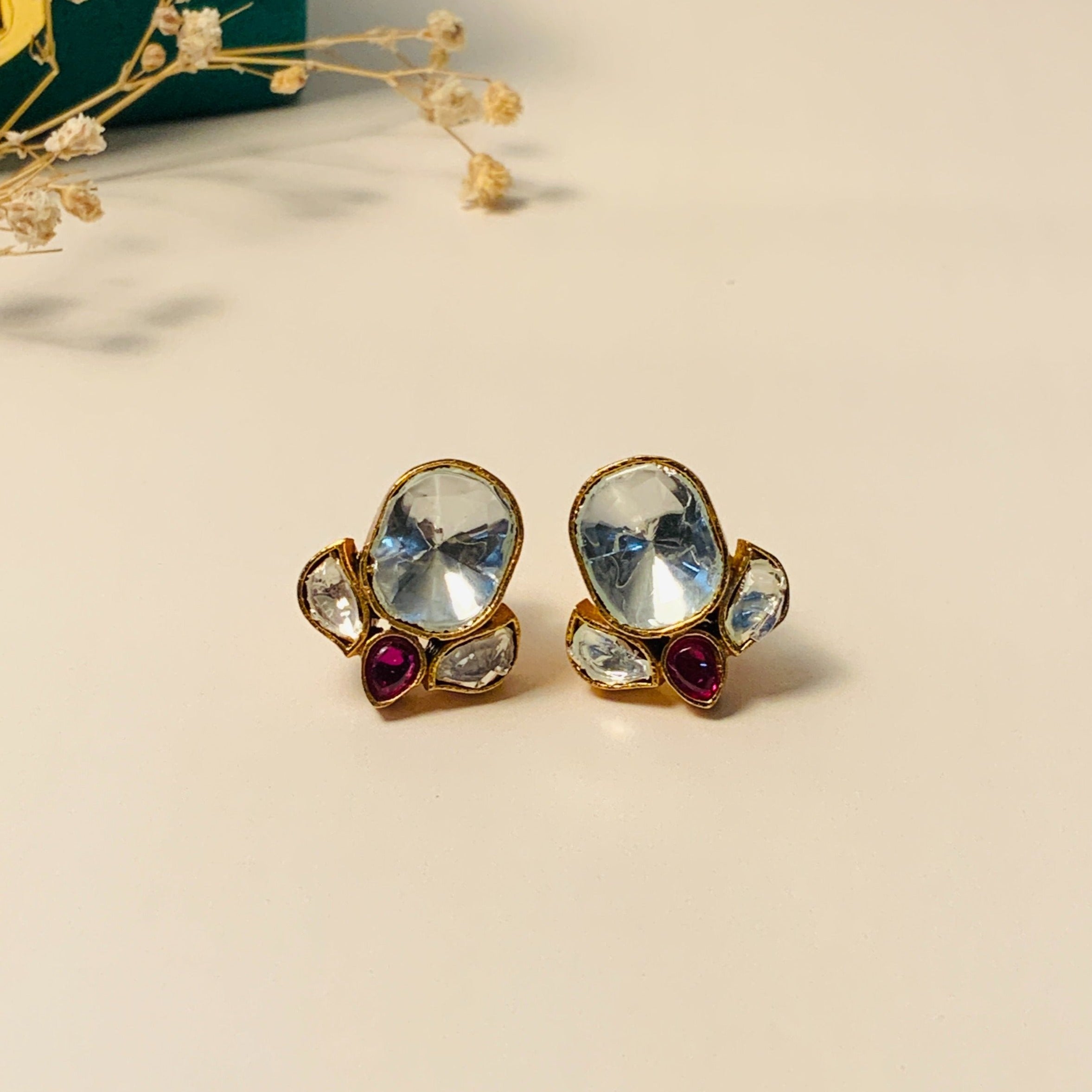 Minimal Gold Plated Glass Kundan Polki Studs - Abdesignsjewellery