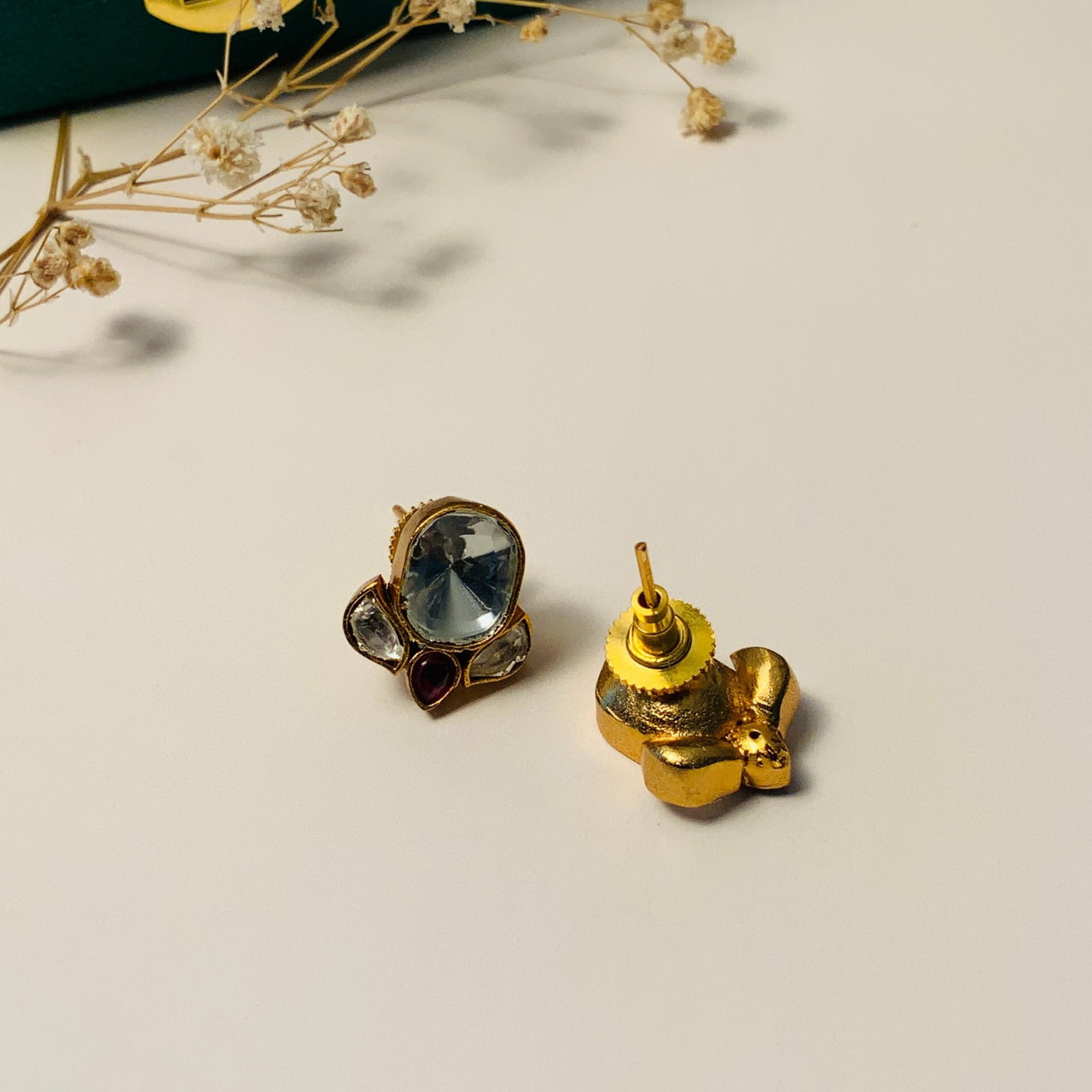 Minimal Gold Plated Glass Kundan Polki Studs - Abdesignsjewellery