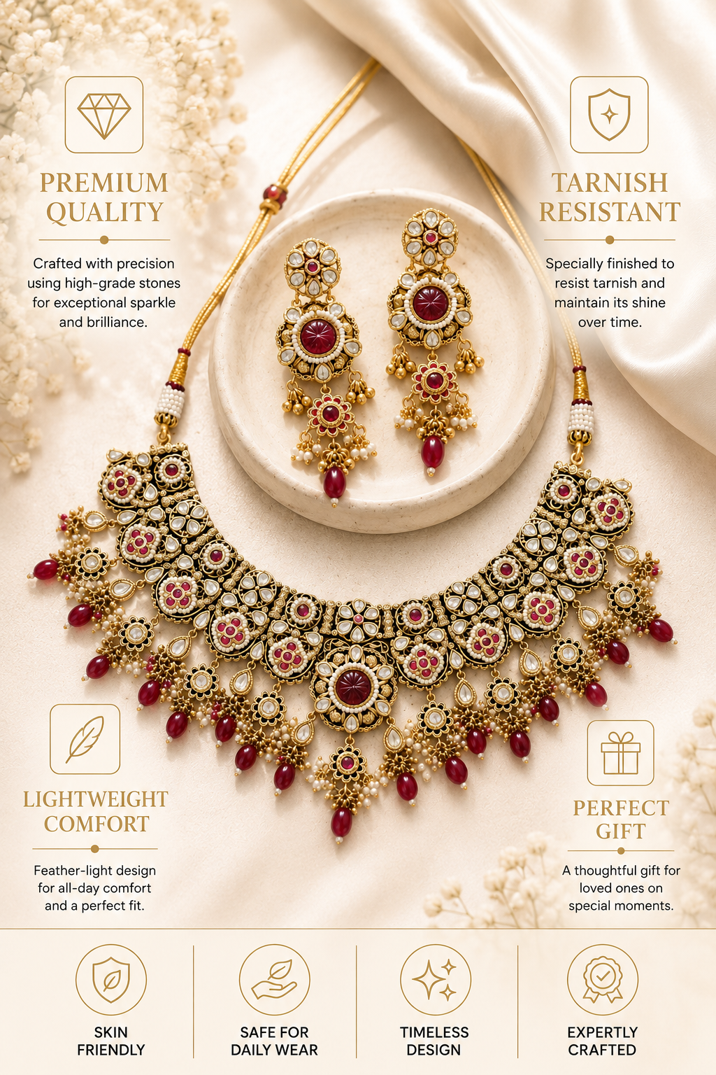 Antique Gold Plating Bridal Ruby Kundan Choker Necklace Set | Abdesigns