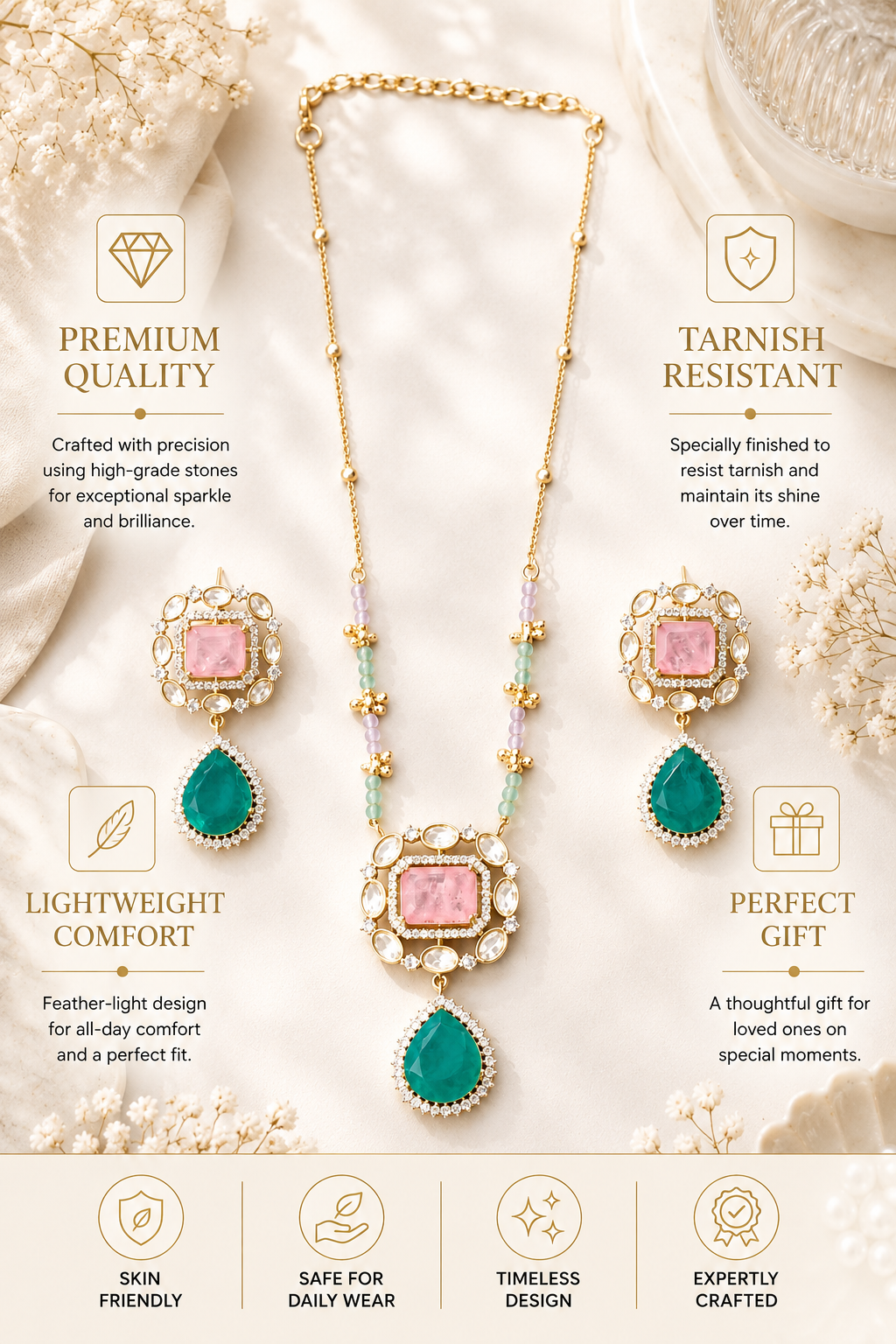 Abdesigns Gold Plating Festive Pink Stone Pendant Set