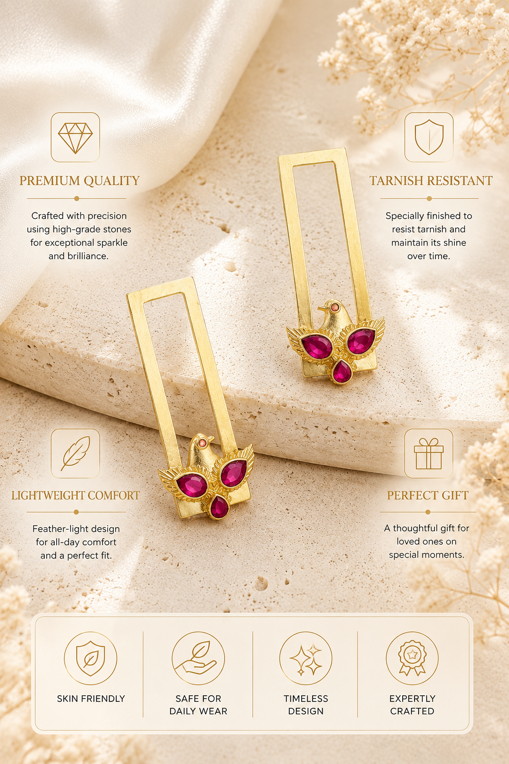 Pink Kemp Bird Motif Earrings in Gold Plating Festive Wear | Abdesigns