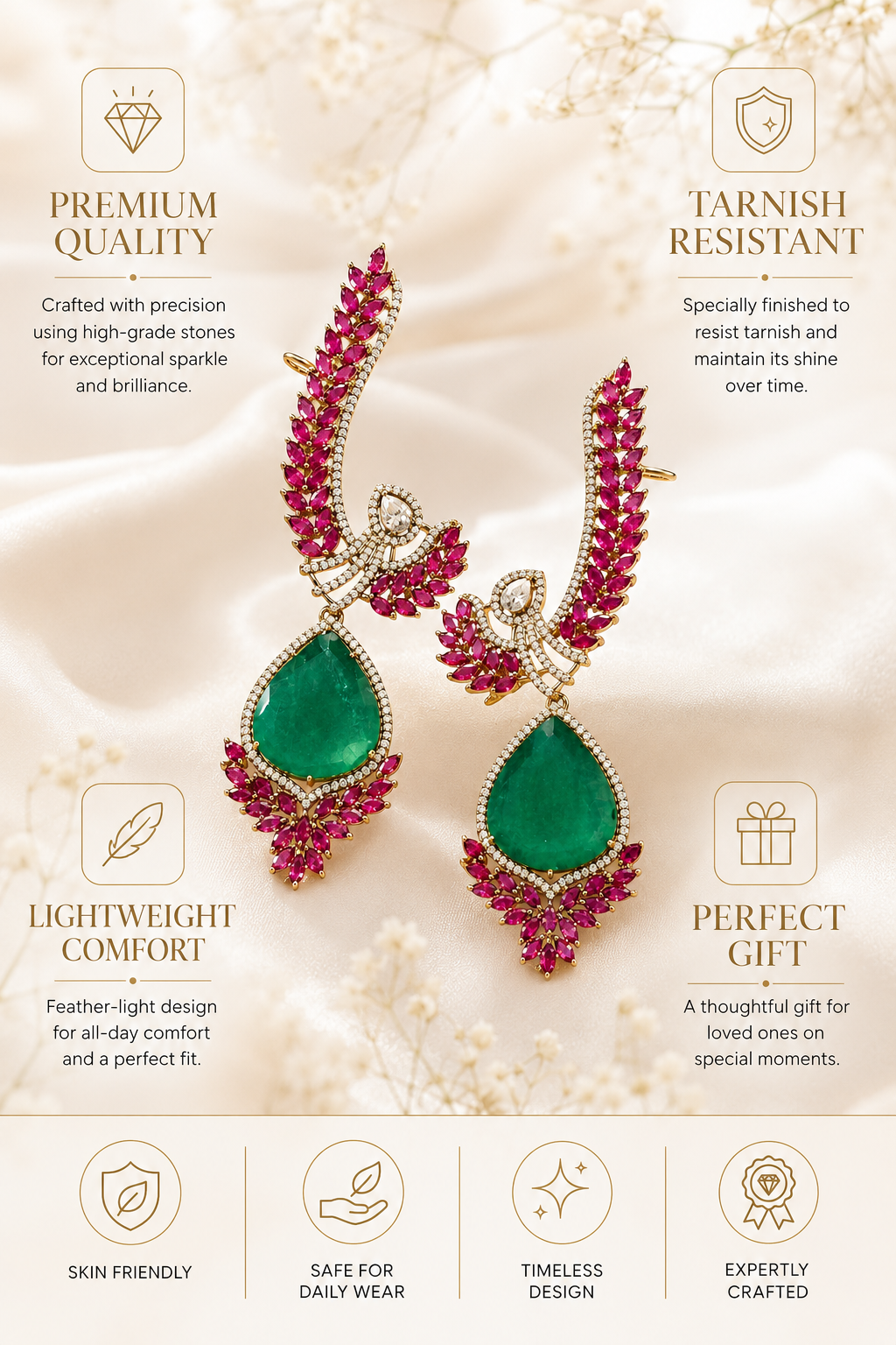 Emerald Statement Earrings in Gold Plating Party Festive | Abdesigns
