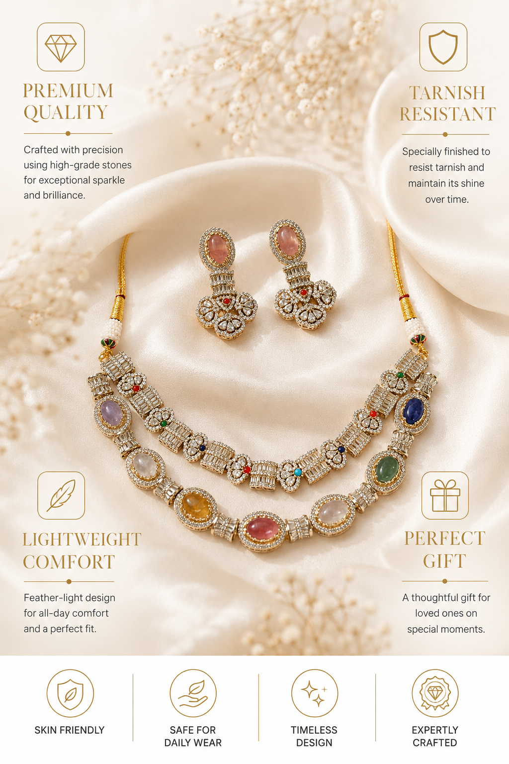 Navratna Layered Necklace Set in Gold Plating – Festive Wear | Abdesigns