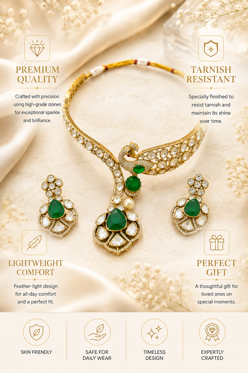 Peacock Kundan Necklace Set Gold Plated | Abdesigns