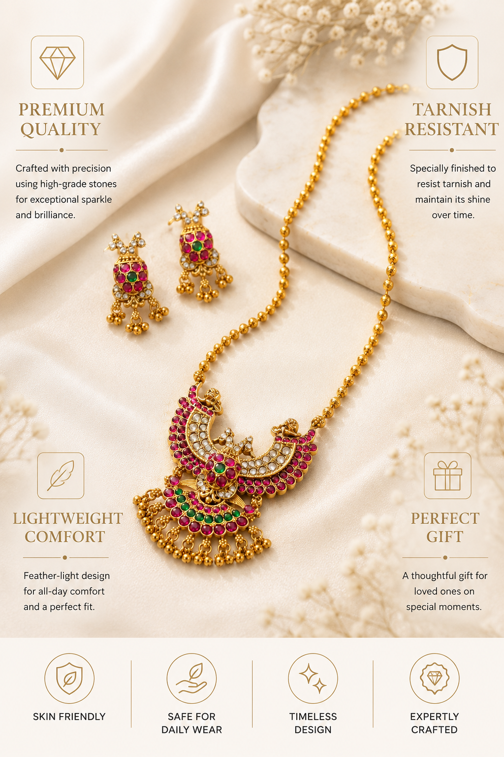 Peacock Temple Kempu Necklace Set in Gold Plating | Abdesigns Jewellery