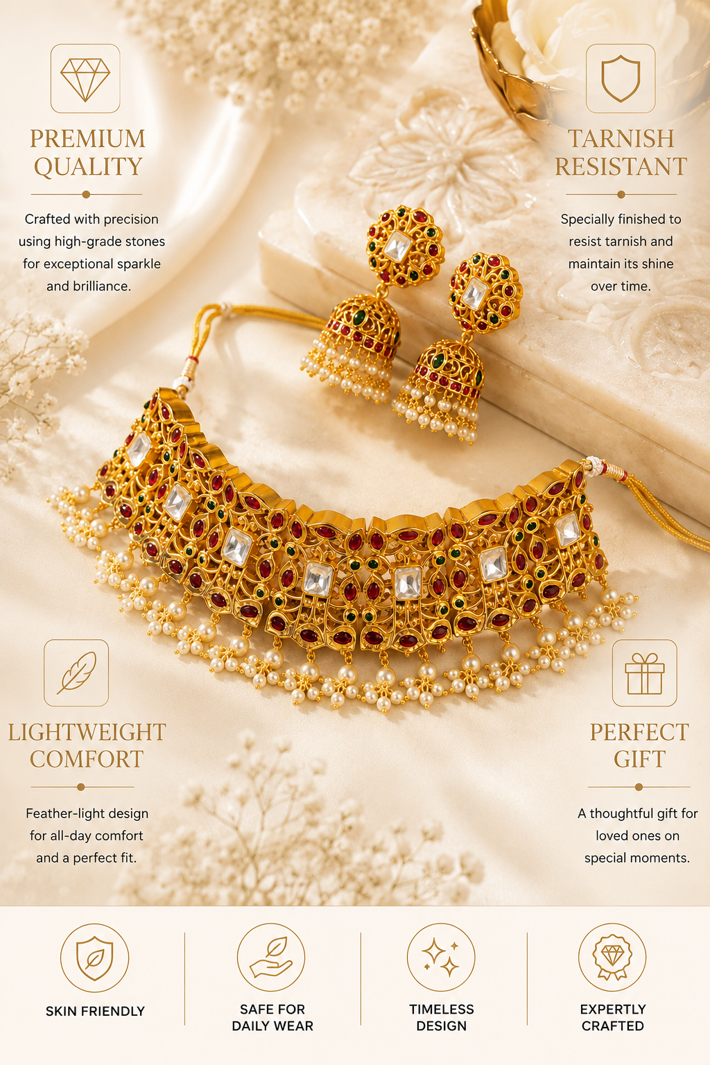 Traditional Bridal Gold Plated Kemp Choker Necklace Set | Abdesigns