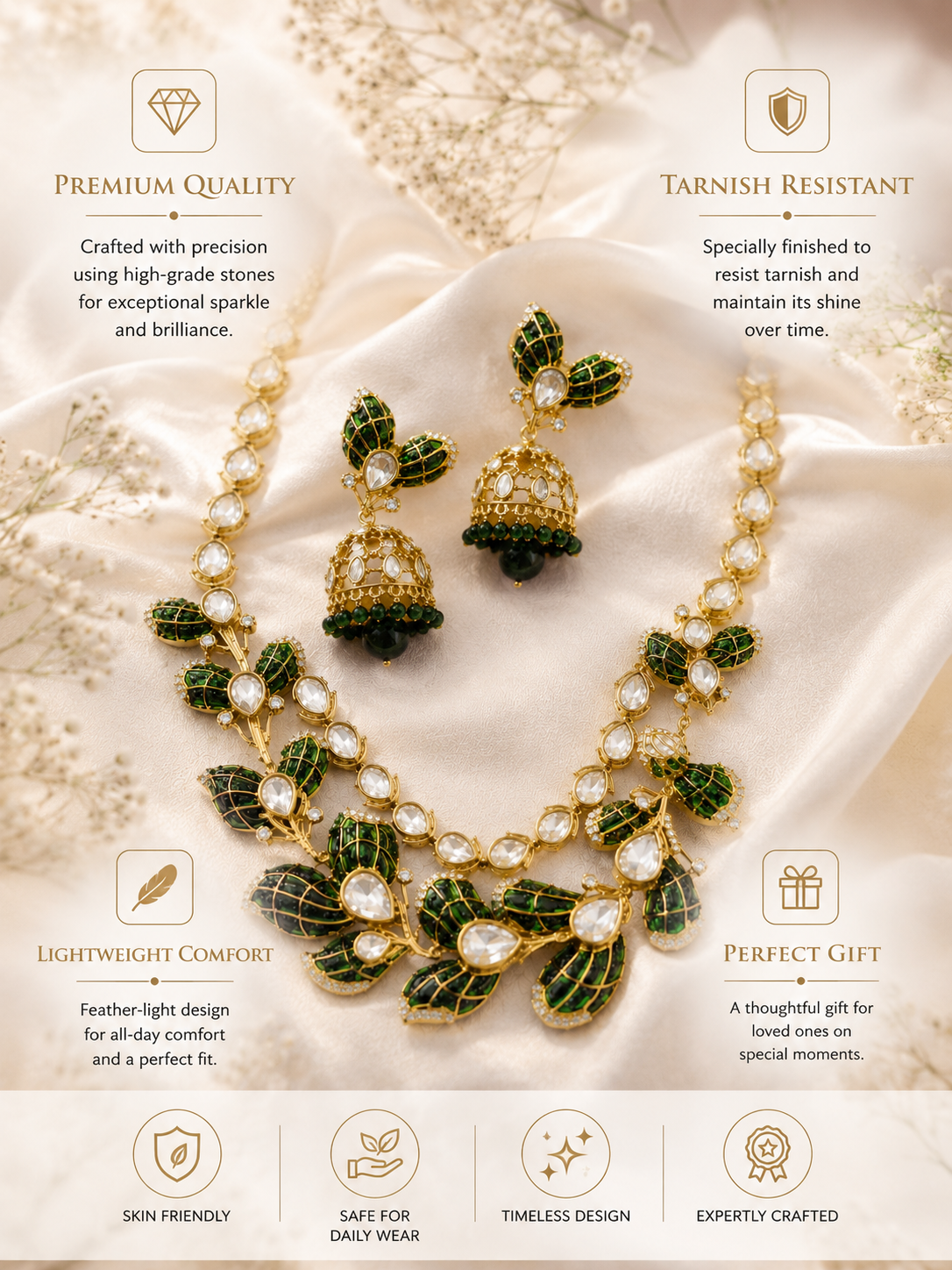 Green Leaf Necklace Set in Gold Plating – Bridal | Abdesigns