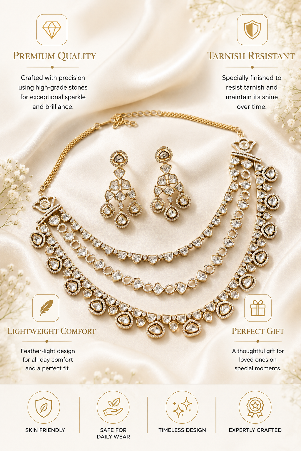 Victorian Polki Necklace Set in Gold Plating – Bridal | Abdesigns